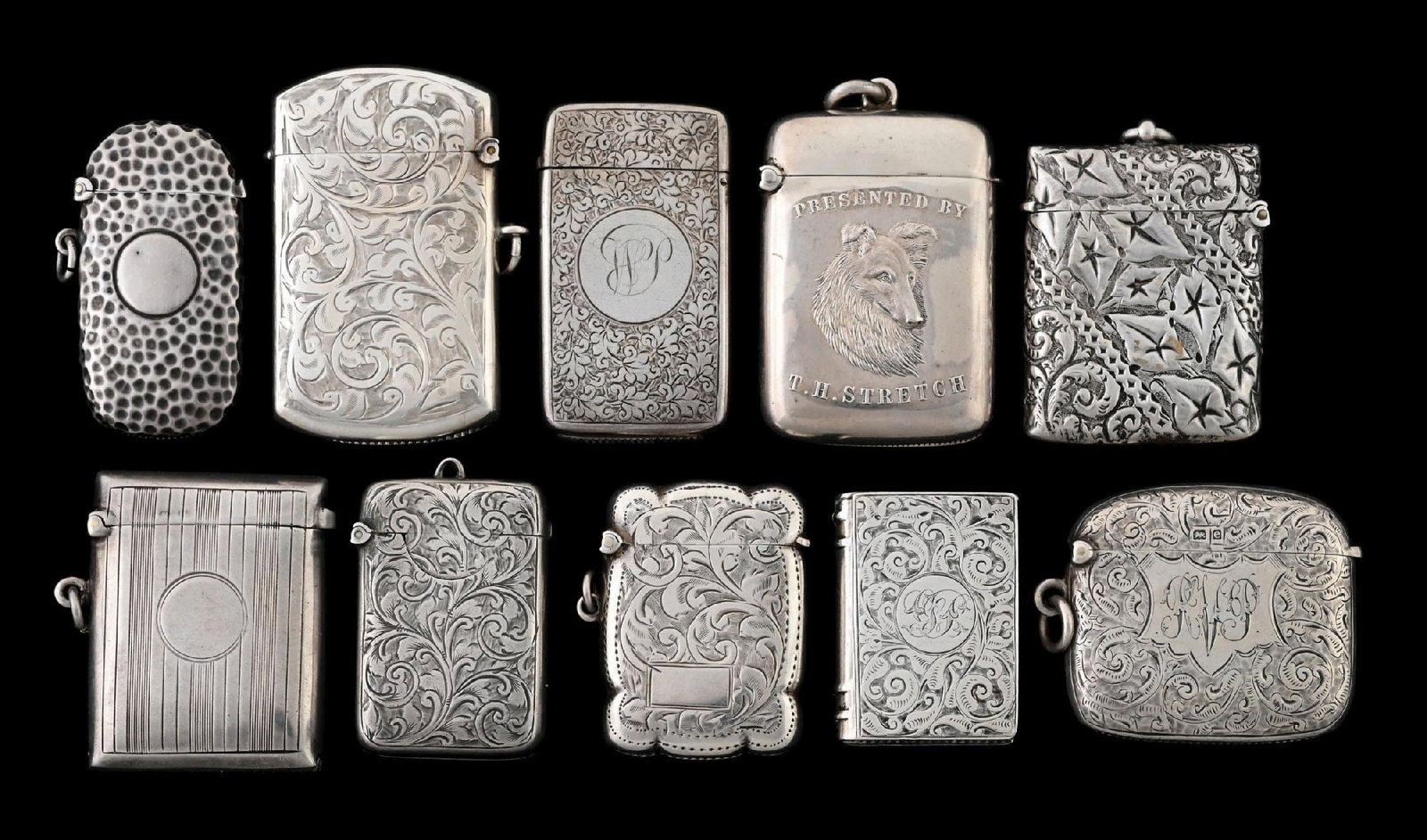 COLLECTION OF 10: ENGLISH STERLING SILVER MATCH SAFES (1 of 2)