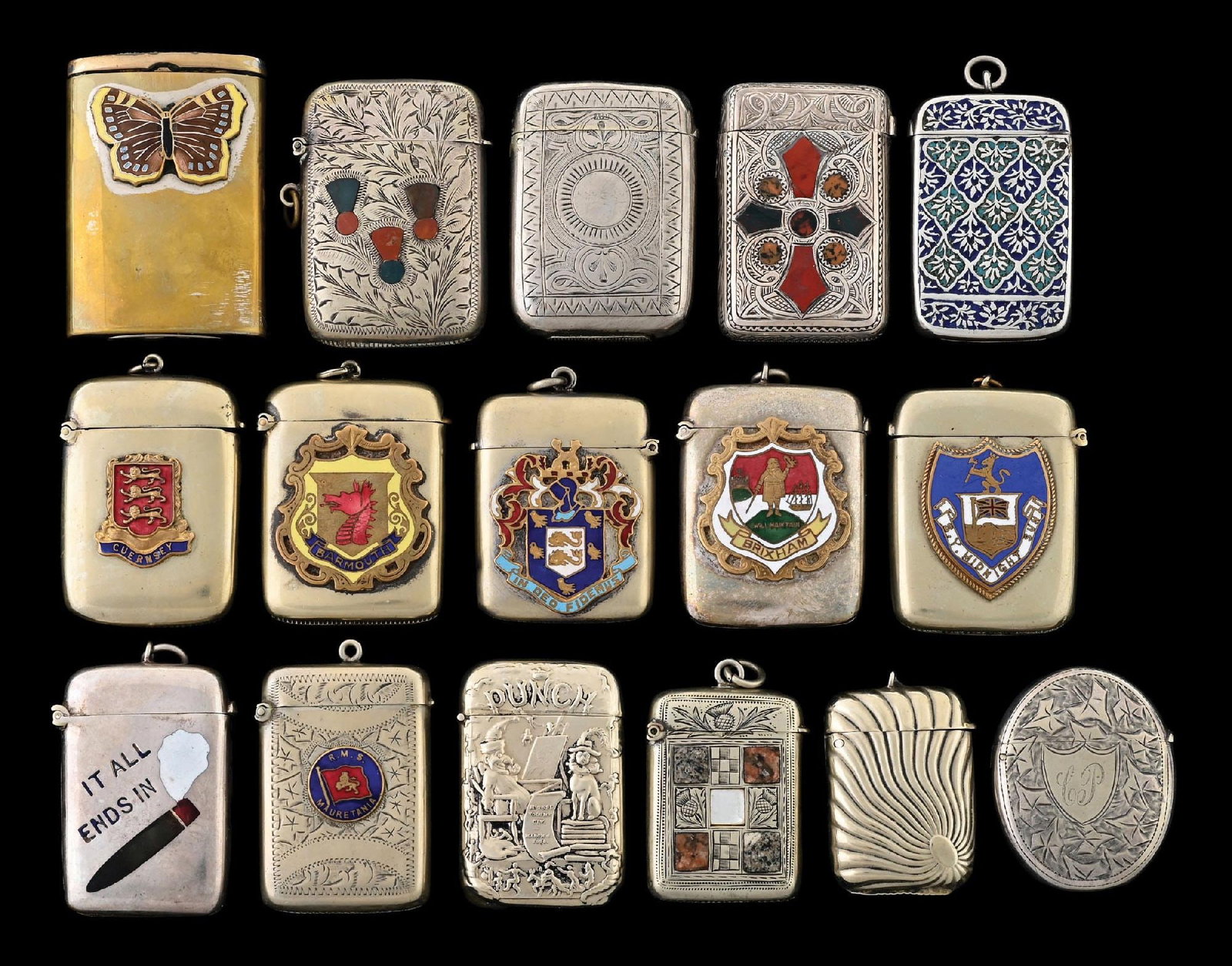 COLLECTION OF 16: MATCH SAFES: One sterling and agate stones. From the portfolio of an avid and dedicated collector. Condition: Dimensions: Largest: 1 - 1/2" x 2 - 1/2".