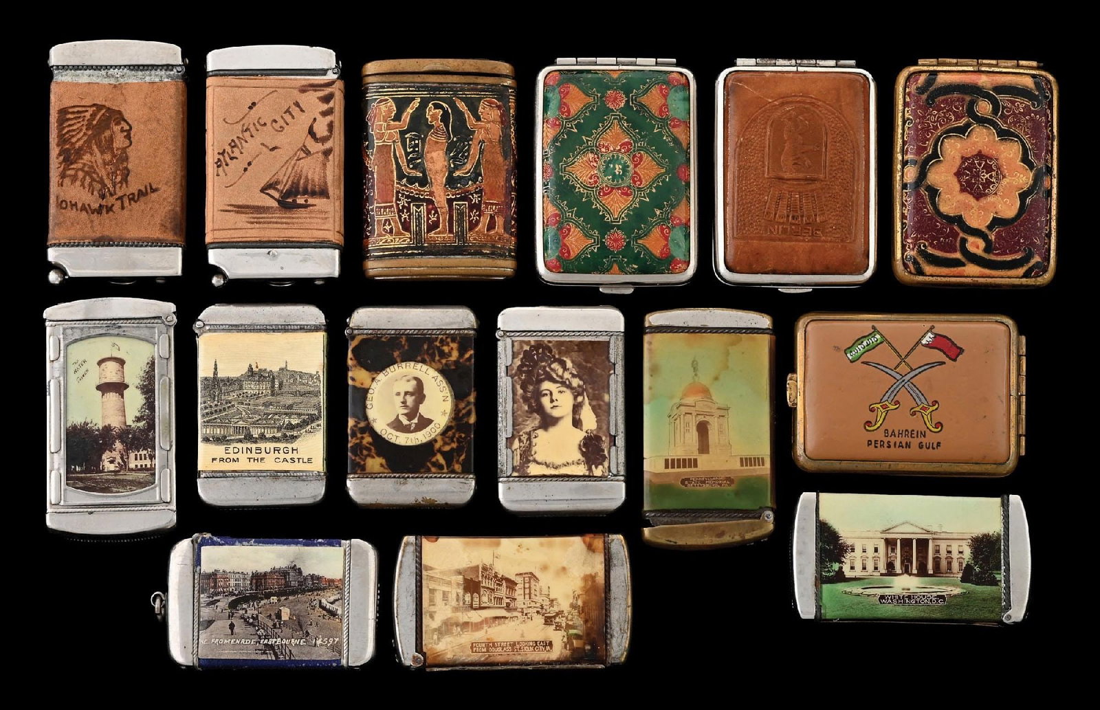 COLLECTION OF 15: CELLULOID, SOUVENIR, & ADVERTISING MATCH SAFES: Includes Native American Indian and others. From the portfolio of an avid and dedicated collector. Condition: Dimensions: Largest: 2" x 2 - 1/2".