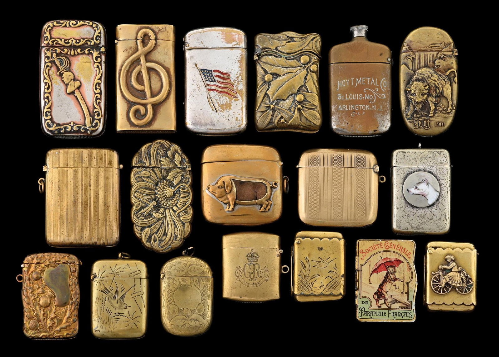 COLLECTION OF 18: MATCH SAFES: Includes Pan-American 1901 Exposition, Christmas holly and berry, French advertising. From the portfolio of an avid and dedicated collector. Condition: Dimensions: Largest: 1 - 3/4" x 2 - 1/4".