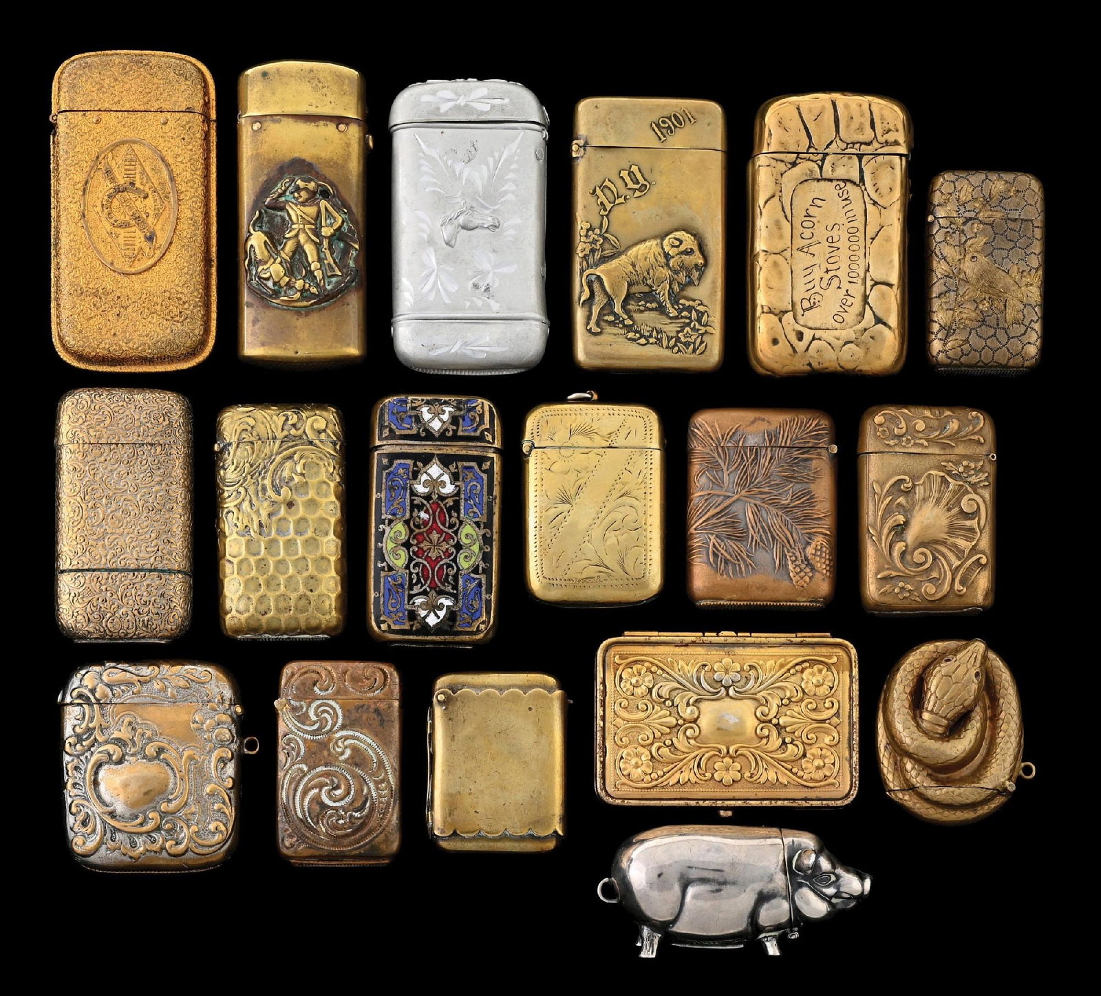 COLLECTION OF 18: MATCH SAFES: Includes 1901 Pan-American Exposition, Acorn stoves, figural snake, enamel design. From the portfolio of an avid and dedicated collector. Condition: Dimensions: Largest: 1 - 1/2" x 3".