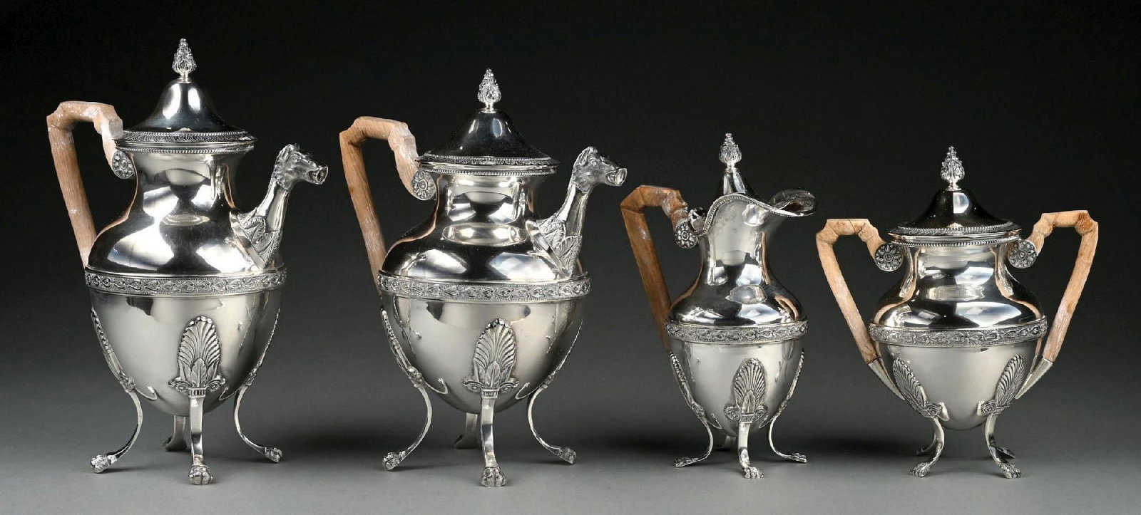 SARMENTO .916 SILVER EMPIRE STYLE WITH WOOD HANDLES COFFEE & TEA SET: Gross weight (including wooden handles): 108.7 ozt Condition: (Excellent). Dimensions: