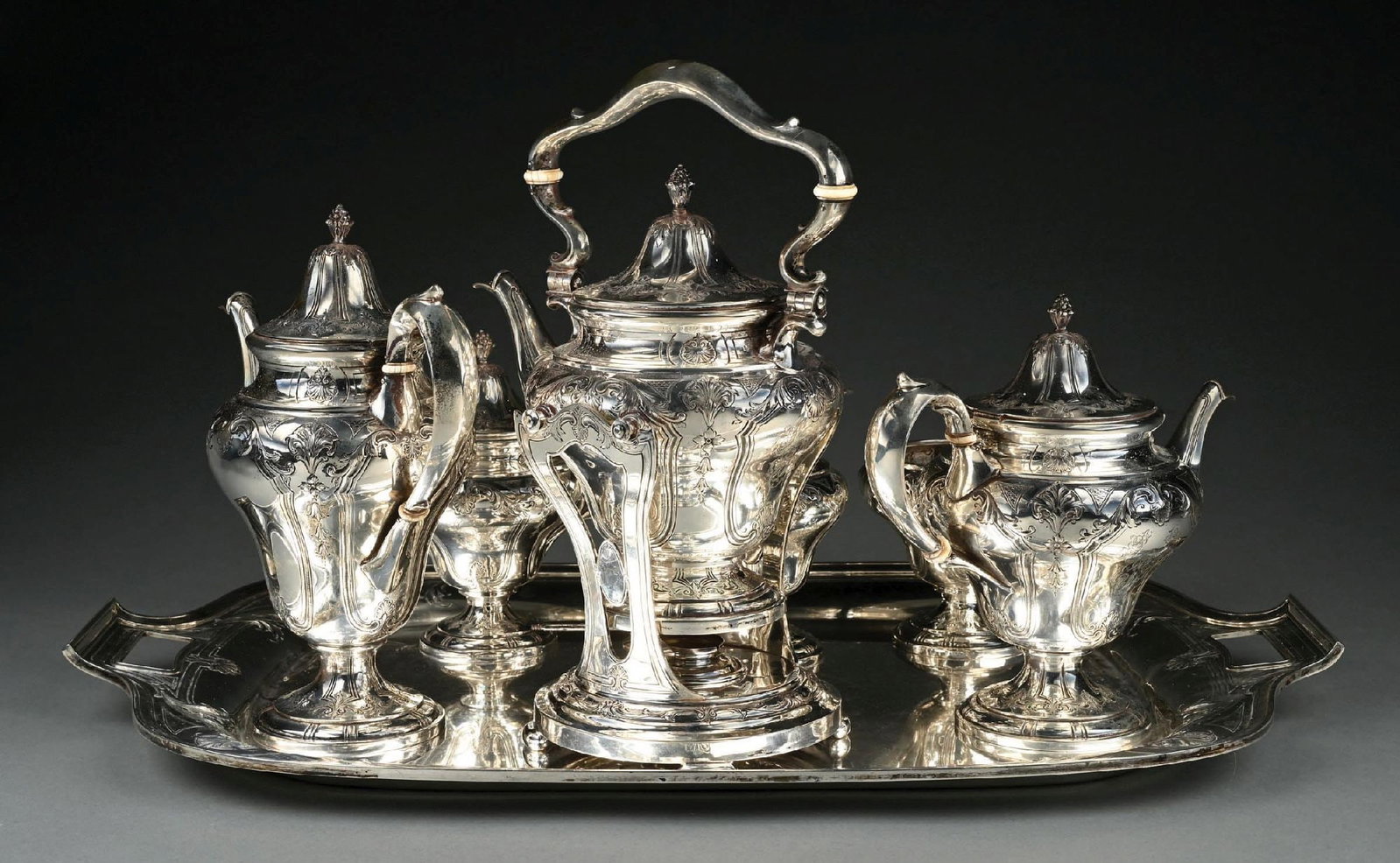 7-PIECE SHELL AND THREAD BY BLACK STARR & FROST STERLING SILVER TEA SET - 2