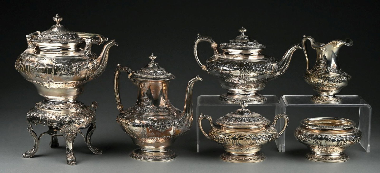 COLLECTION OF 6: GORHAM STERLING SILVER FLORAL ORNATE TEA OR COFFEE SET: Gross weight: 148.2 ozt Condition: (Very Good - Excellent). Dimensions:
