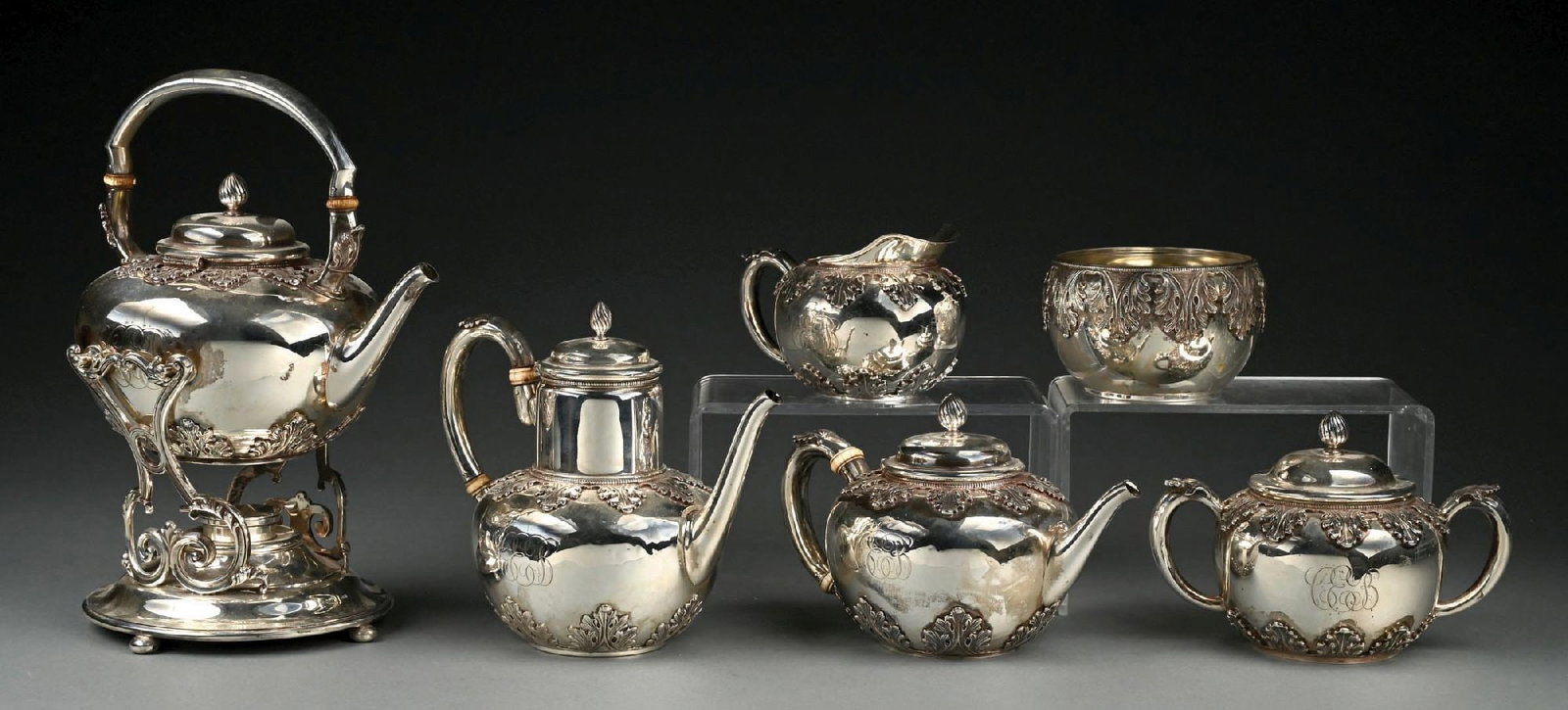 6-PIECE GORHAM MFG. CO. STERLING SILVER #2420 TEA & COFFEE SET: Engraved presentation date under bases reads "September 27 1892". Gross weight: 120.9 ozt Condition: (Very Good). Dimensions:
