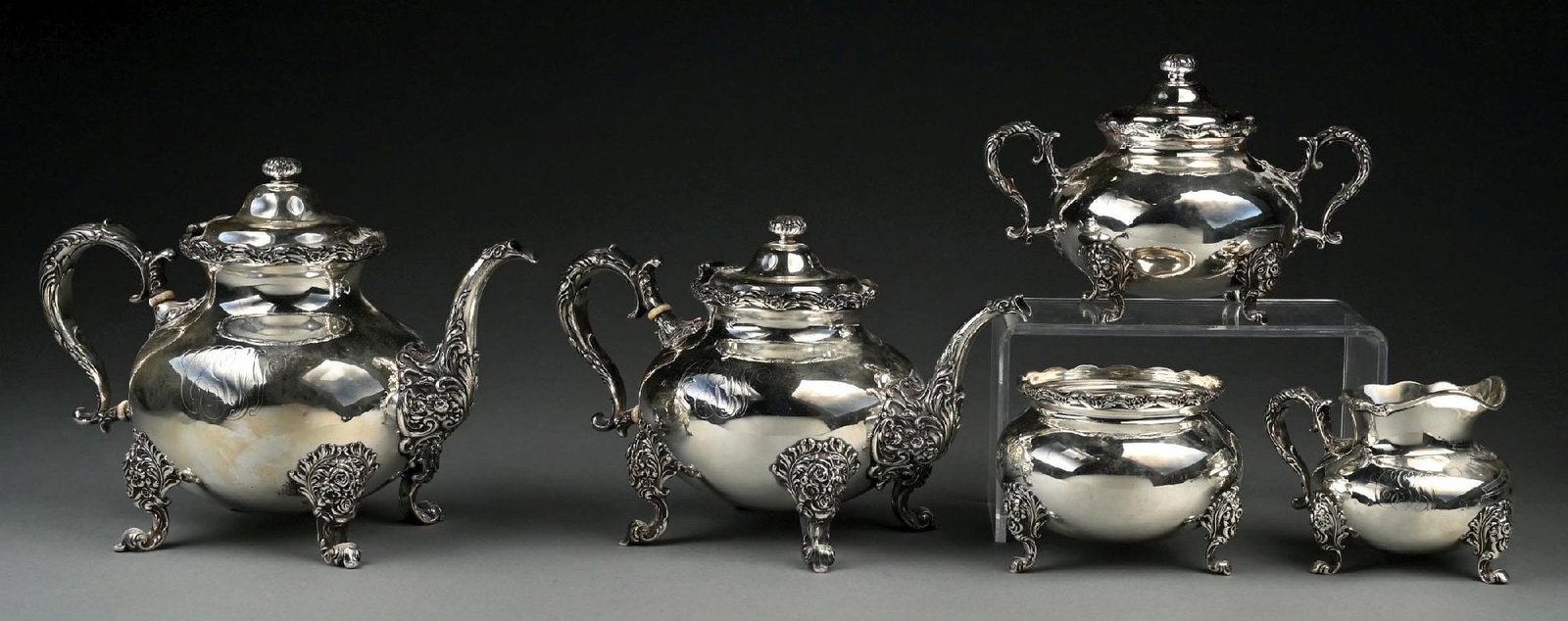 COLLECTION OF 5: WHITING MFG. CO. .925 STERLING SILVER REPOUSE COFFEE & TEA SET: Gross weight: 99.0 ozt Condition: (Very Good). Dimensions:
