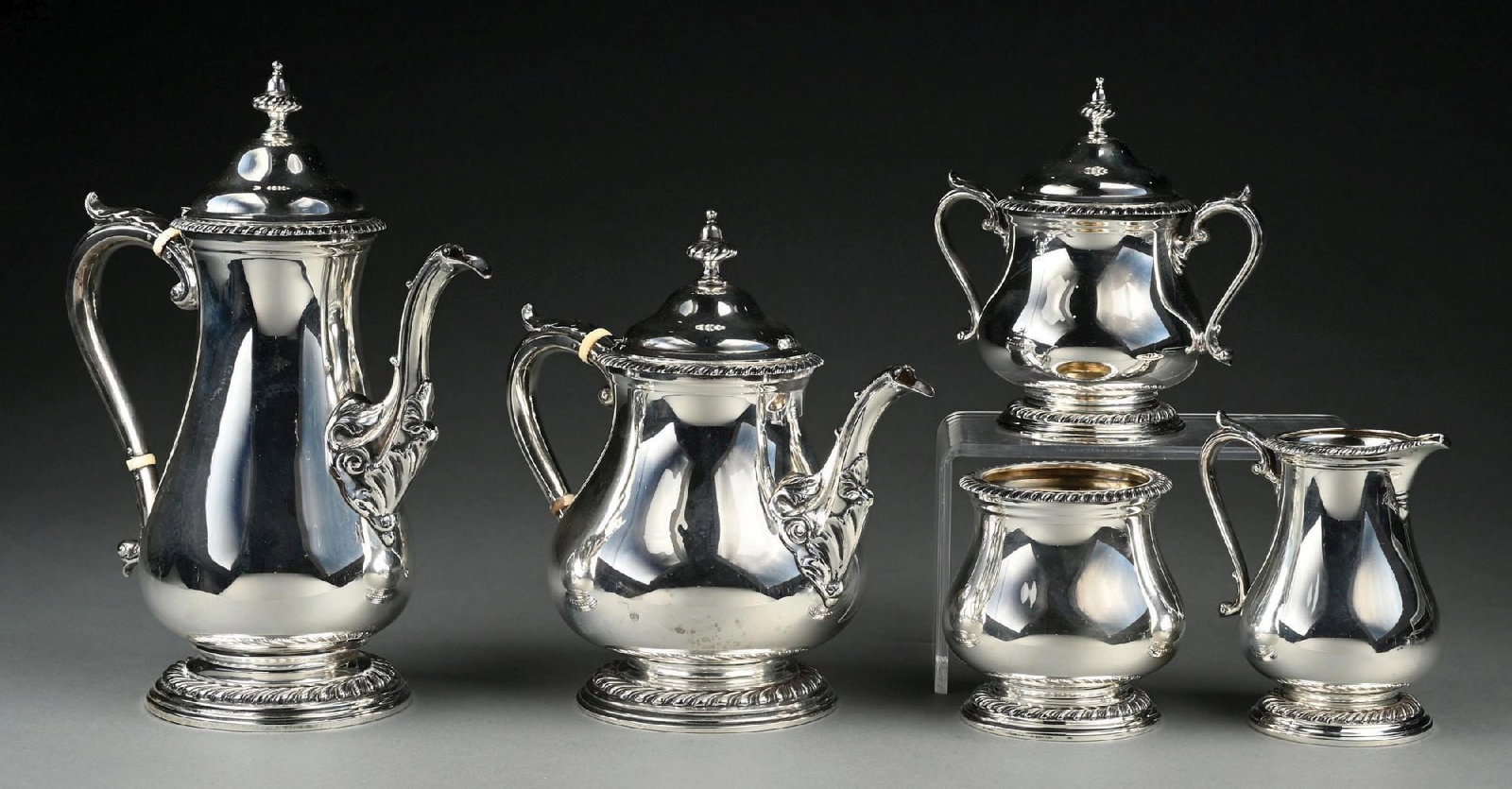 COLLECTION OF 5: SHREVE & CO., STERLING SILVER COFFEE & TEA SET: Very minor dent in shorter pot. Gross weight: 97.2 ozt Condition: (Very Good - Excellent). Dimensions: