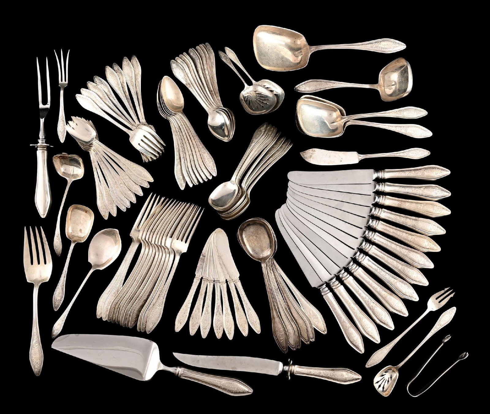 TOWLE STERLING SILVER 97-PIECE ENGRAVED FLATWARE SET: Gross weight (including 15 weighted handles): 78.7 ozt Condition: (Very Good). Dimensions: