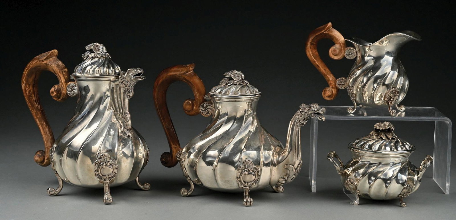 COLLECTION OF 4: ANTIQUE EUROPEAN ORNATE STERLING SILVER COFFEE & TEA DRAGON SPOUTS SERVICESET (1 of 4)