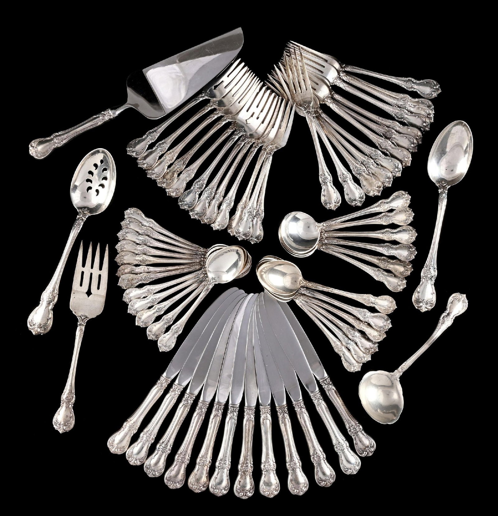 COLLECTION OF 65: TOWLE STERLING SILVER FLATWARE SET: Gross weight (not including 13 weighted handles): 69.6 ozt Condition: (Very Good). Dimensions: