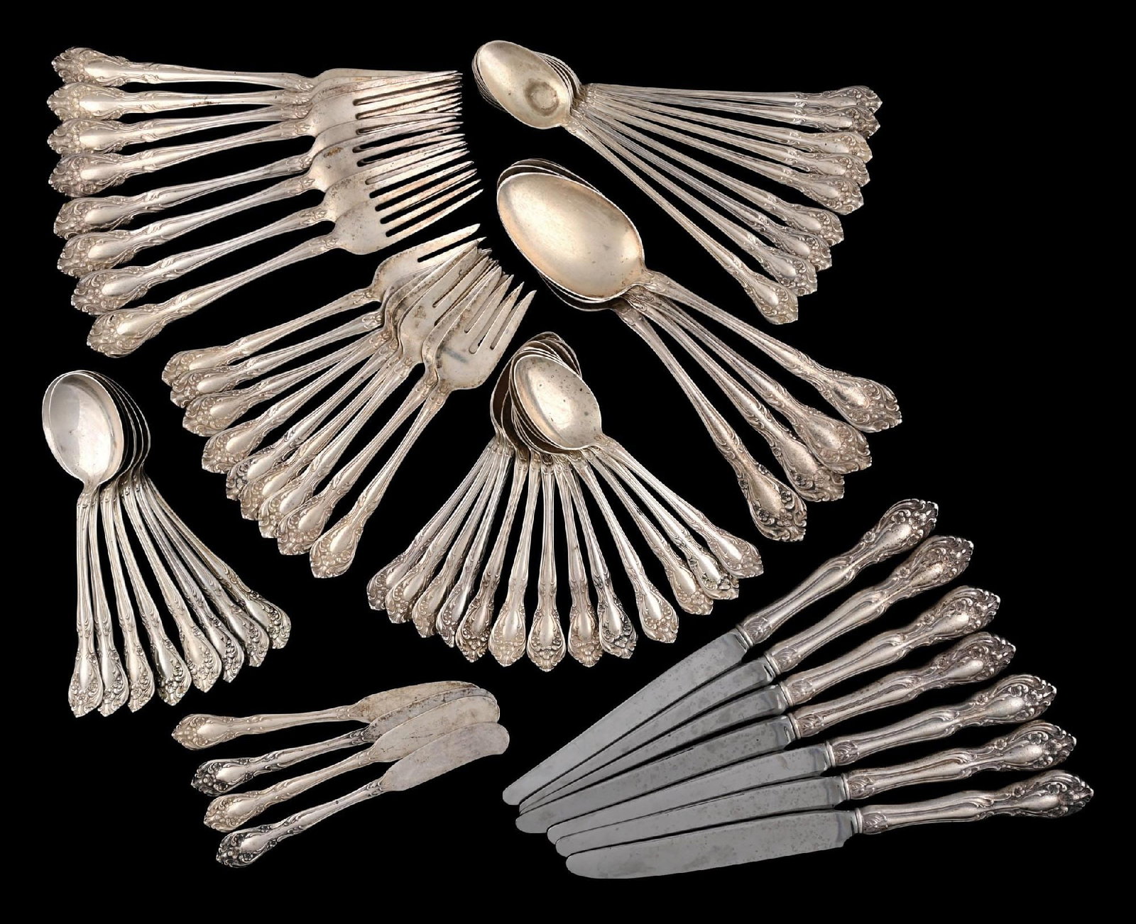 COLLECTION OF 62: ALVIN STERLING SILVER FLATWARE: Some tarnish and damage to one teaspoon. Gross weight (not including handles/steel knives): 64.4 ozt Condition: (Very Good). Dimensions:
