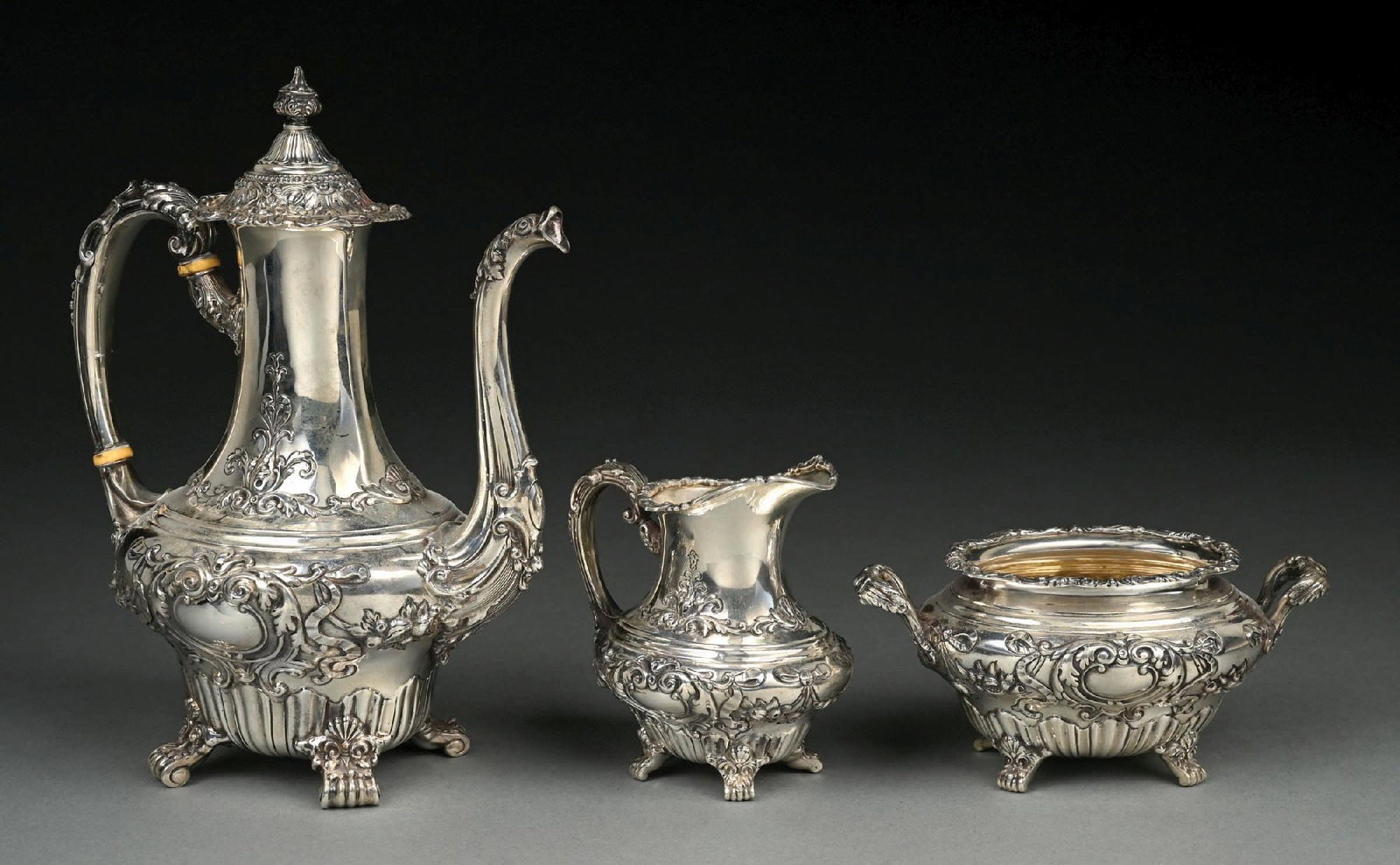3-PIECE ORNATE GORHAM MFG. CO. HAND-CHASED STERLING SILVER TEA SET (1 of 7)