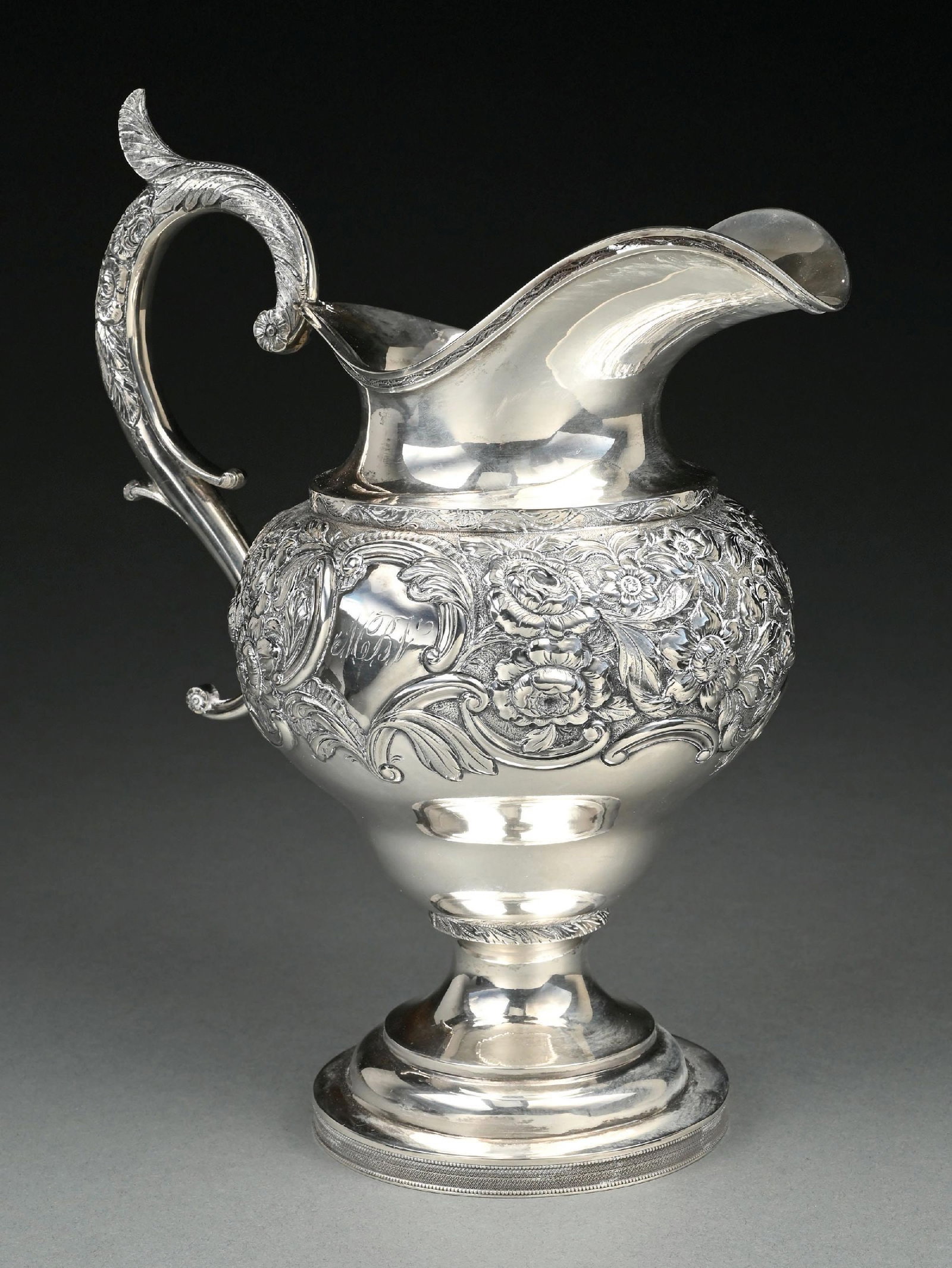 G. W. LETTER STERLING SILVER REPOUSSE FLORAL WATER PITCHER (1 of 5)