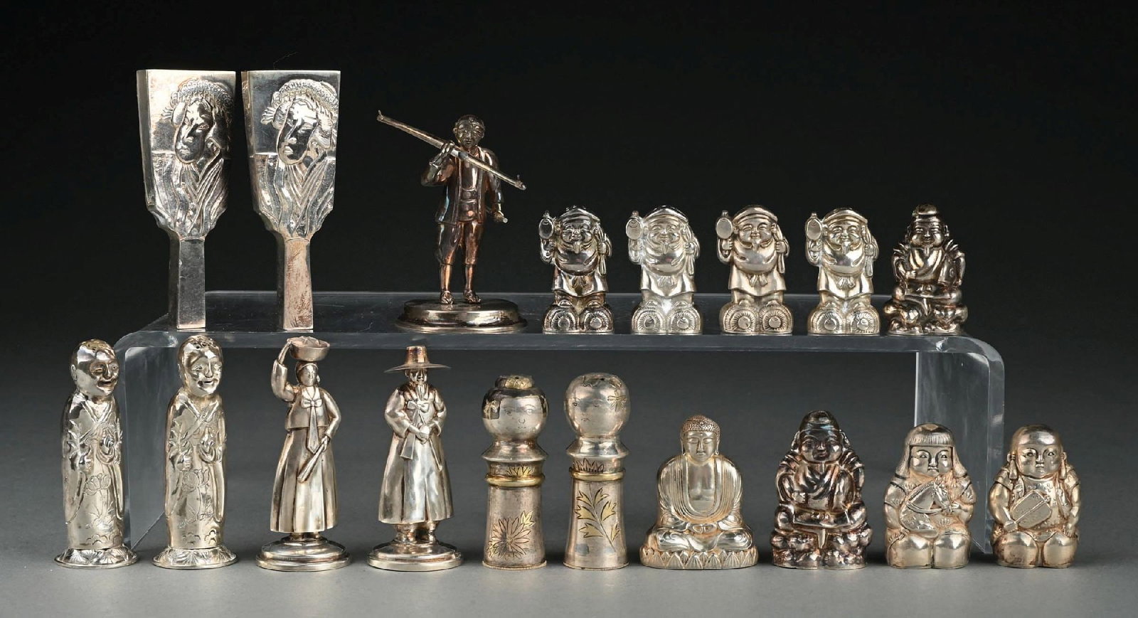 LARGE COLLECTION OF VARIOUS ASIAN STERLING SILVER FIGURATIVE SALT AND PEPPER SHAKERS SETS: Marked ".950 Silver". Gross weight: 10.9 ozt Condition: (Very Good). Dimensions: