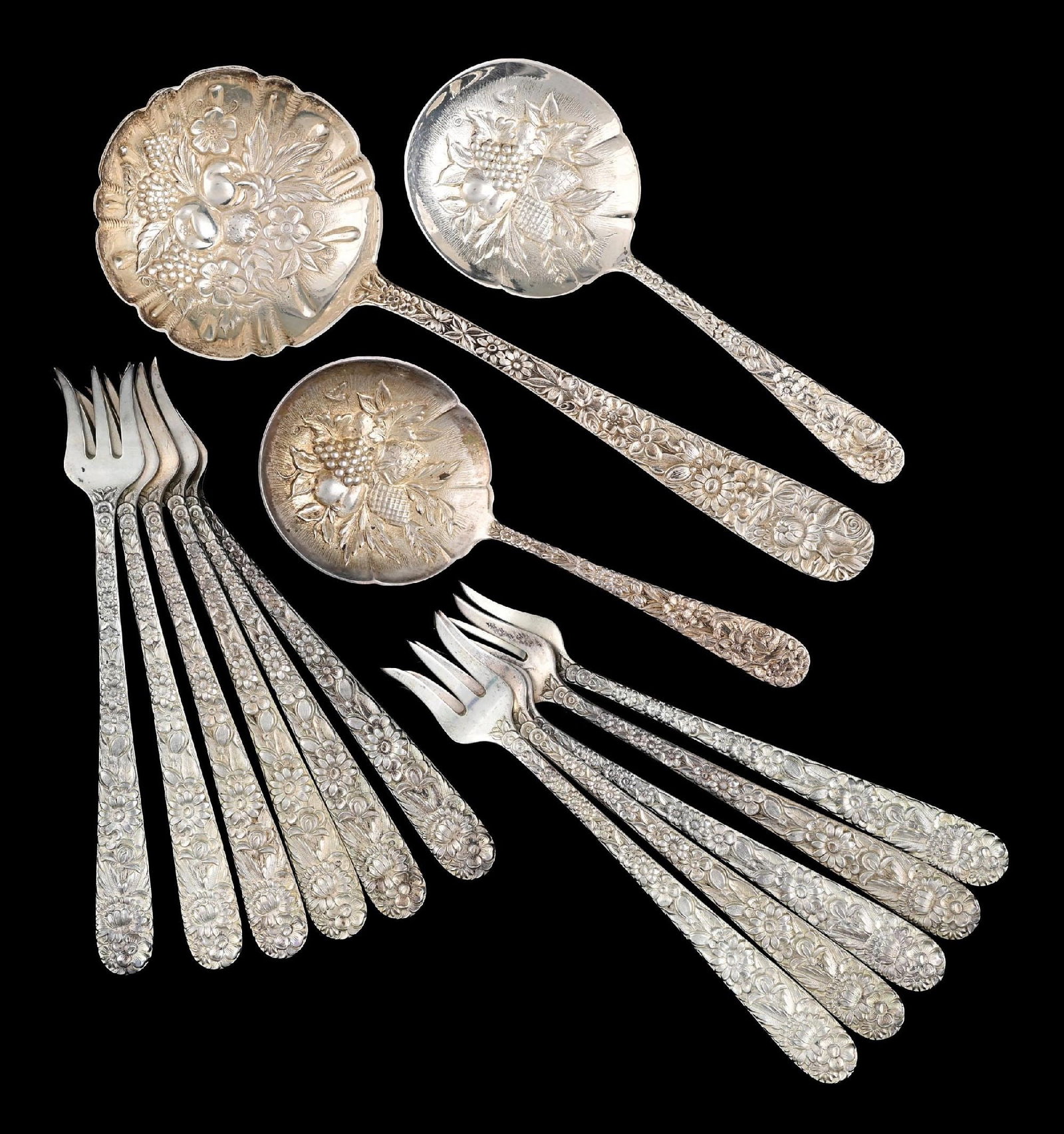 COLLECTION OF 14: MIXED LOT OF S. KIRK & SON STERLING SILVER REPOUSSE: Gross weight: 11.7 ozt Condition: (Very Good). Dimensions: