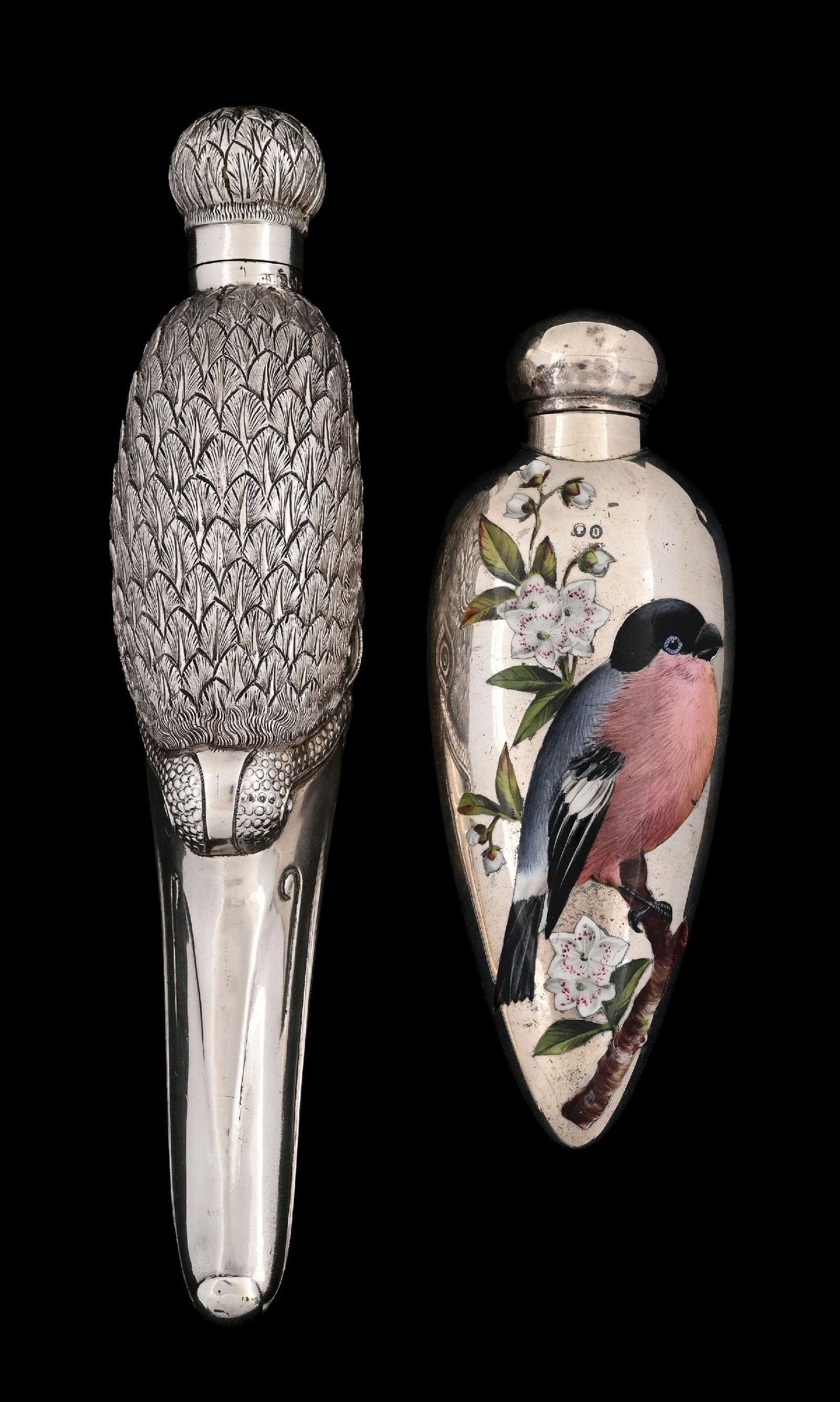 COLLECTION OF 2: VINTAGE REPOUSSE AND PAINTED SILVER PERFUME FLASKS WITH BIRD MOTIF: (A) Decorated bottle is sterling with full English hallmarks. Weight (including glass liner): 3.1 ozt. (B) Figural goose head bottle appears to be silver plate. Condition: (Very Good - Excellent). Dim
