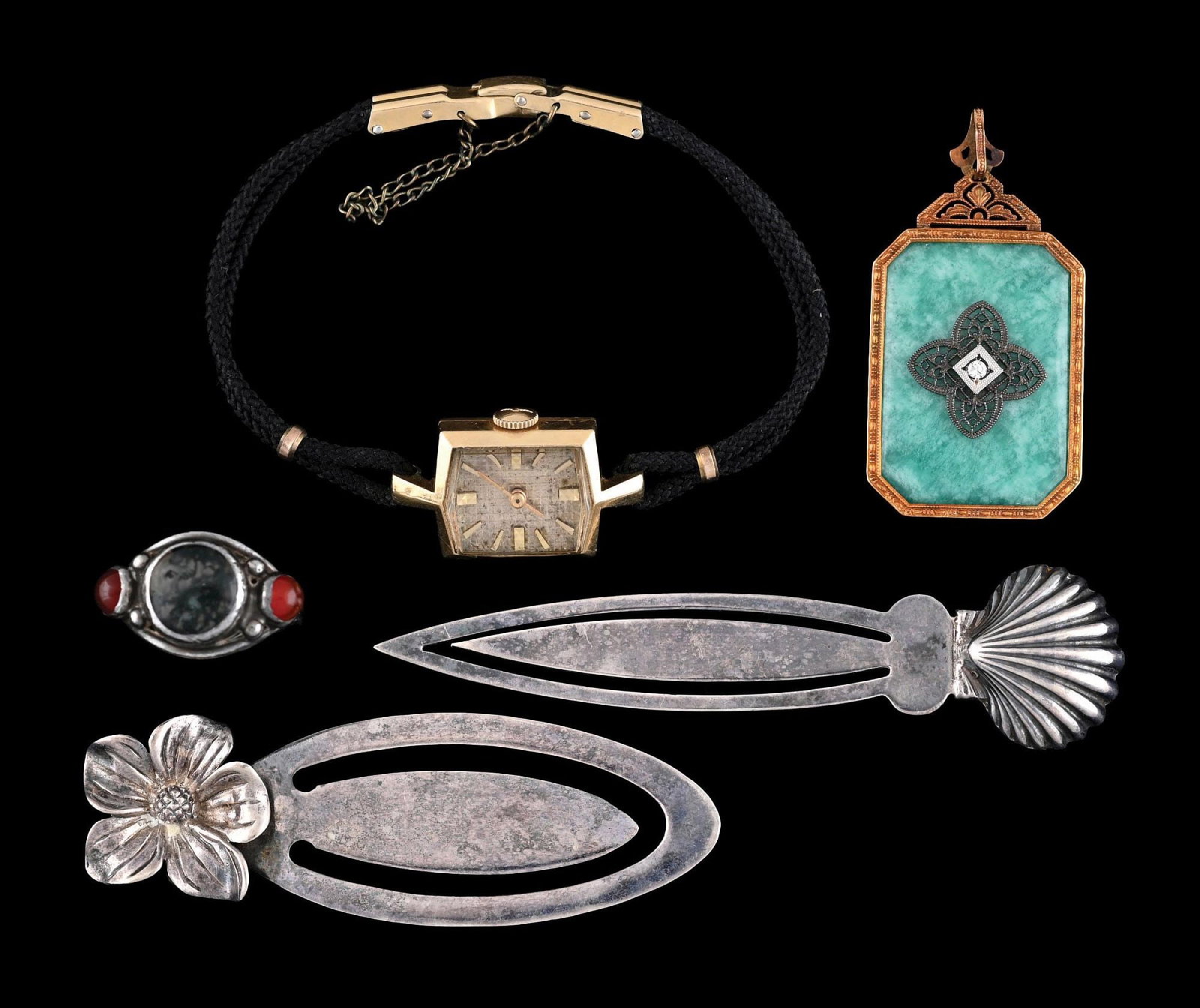 COLLECTION OF 5: STERLING SILVER JEWELRY, BOOKMARKS AND WATCH: Collection of 5: Miscellaneous silver and gold items including 2 sterling silver bookmarks (each marked 925), 1 moss agate and carnelian cabochon ring (unmarked, finger size 6), 1 14k yellow gold jade