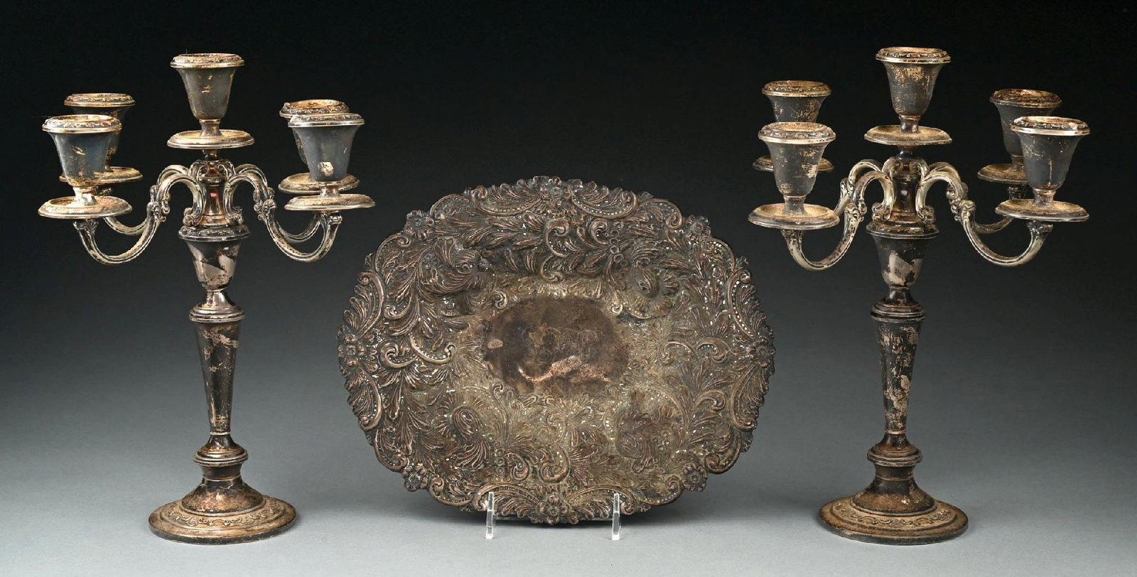 COLLECTION OF 3: WEIGHTED STERLING SILVER TRAY AND CANDELABRAS (1 of 4)