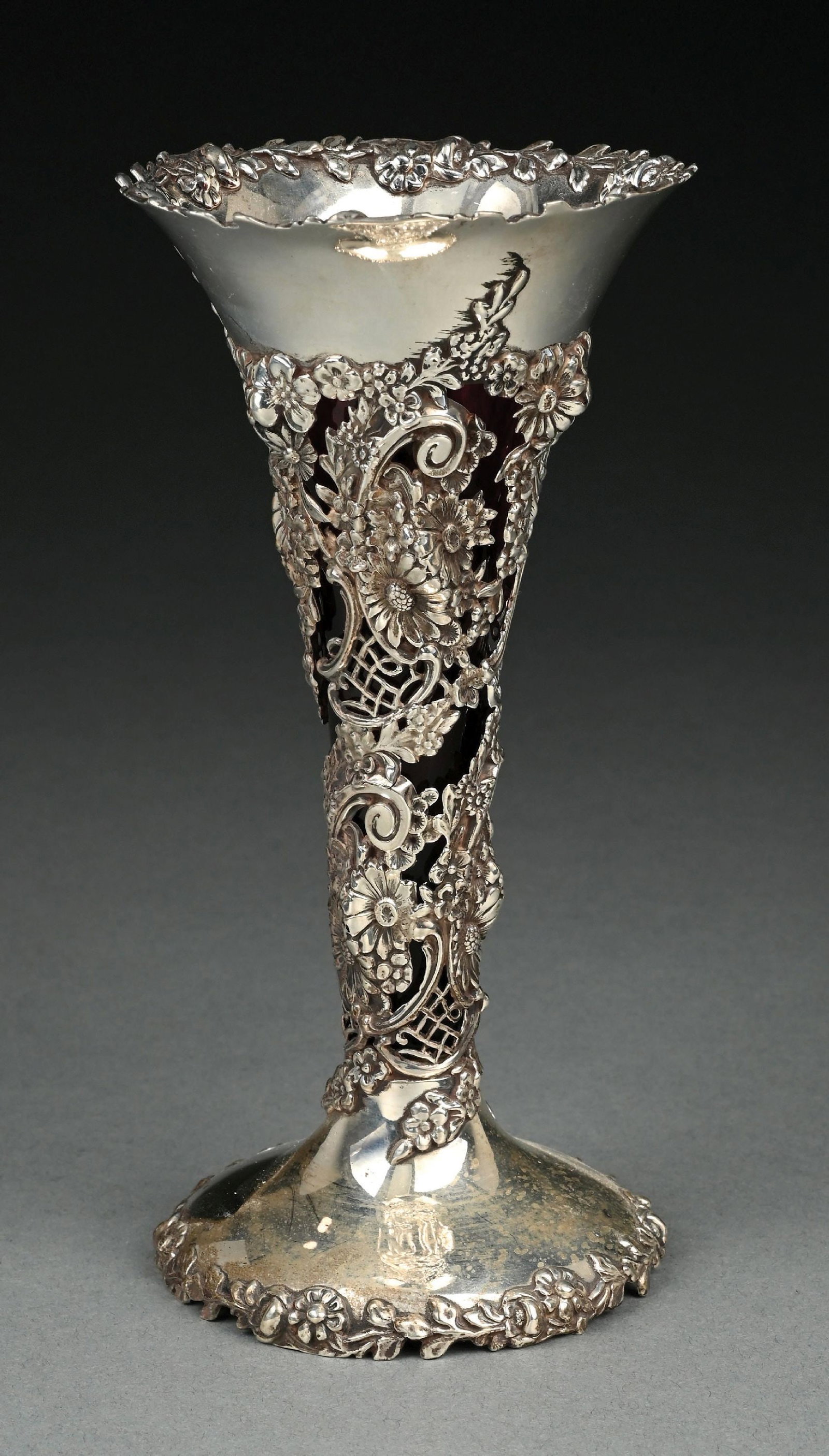 BLACK STARR & FROST "EDWARDIAN" REPOUSSE STERLING SILVER VASE: Gross weight (not including red glass insert): 5.4 ozt Condition: (Excellent). Dimensions: