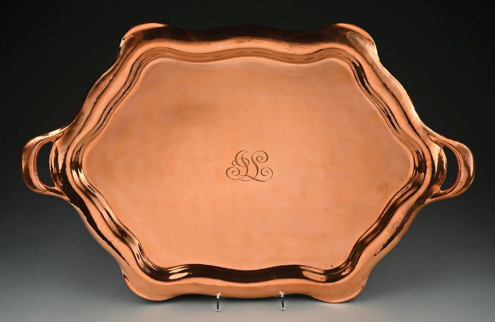 LARGE DOUBLE-HANDLED COPPER TRAY, MONOGRAMMED "IL": Marked on bottom twice with spurious "Tiffany Studios New York" mark. Condition: (Very Good). Dimensions:
