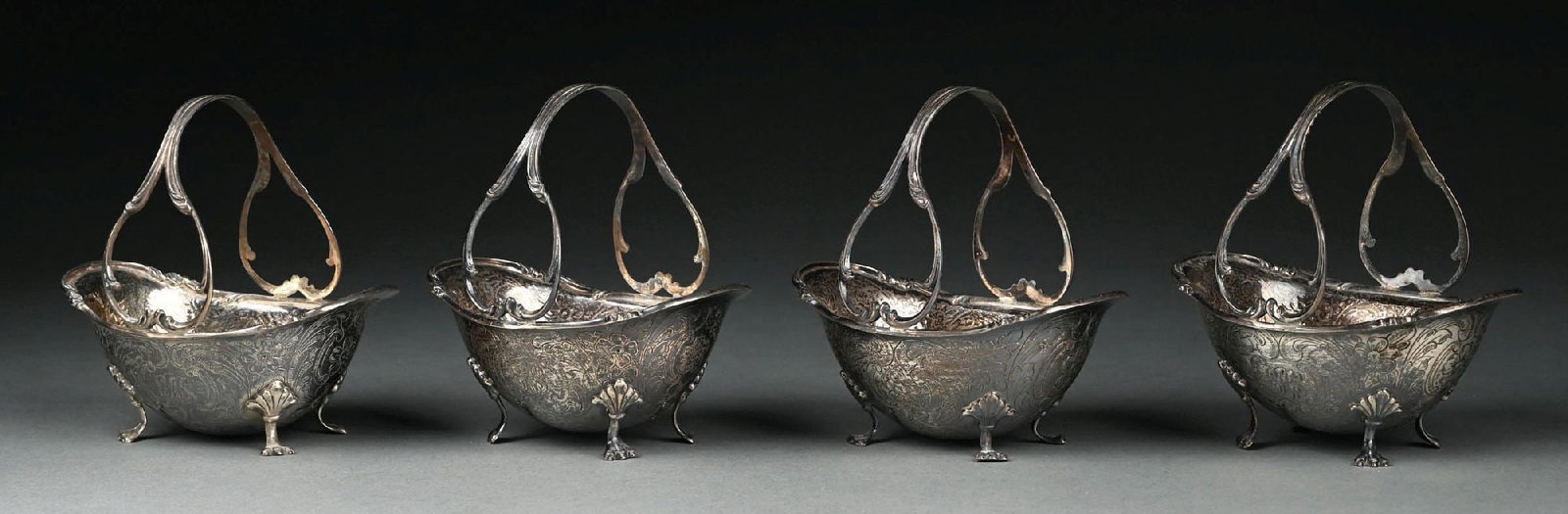 COLLECTION OF 4: ANTIQUE SILVER PLATED FOOTED BASKETS WITH ETCHED FLORAL MOTIF (1 of 4)
