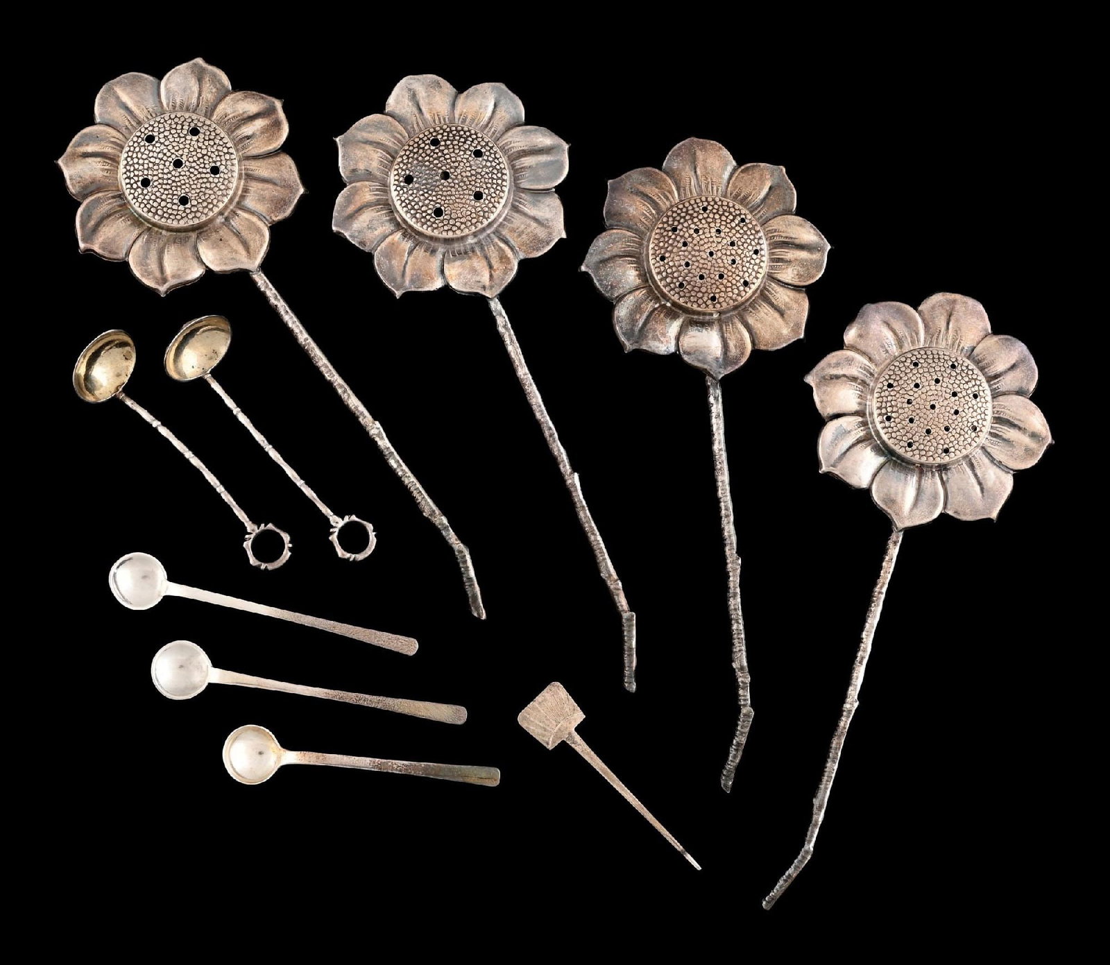 COLLECTION OF 10: FLORAL STERLING SILVER SALT & PEPPER SHAKERS SETS AND MINI-SPOONS: Marked "Sterling .950". Gross weight: 3.1 ozt Condition: Dimensions: