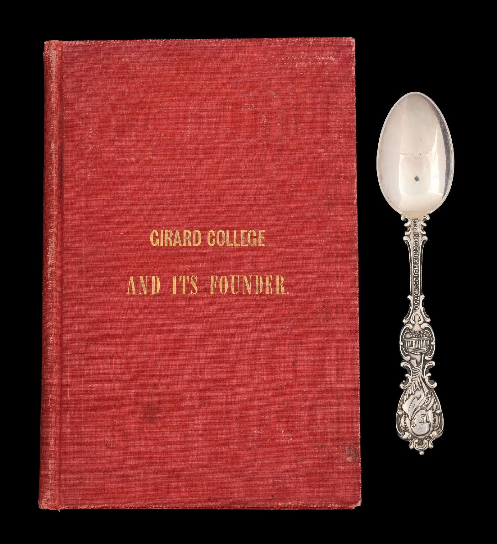 A GIRARD COLLEGE STERLING COMMEMORATIVE SPOON: and a copy of the book The Girard College and Its Founder by Henry Arey, Philadelphia 1857, bound in red cloth. Condition: Dimensions: