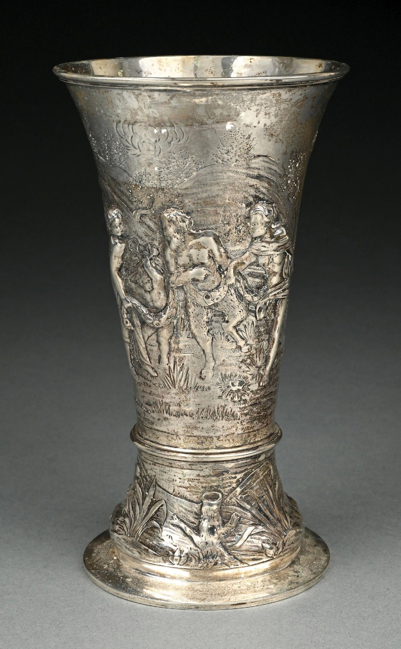 GERMAN MADE NICKEL AND SILVER PLATE FIGURAL VASE: Silver plate marks under base. Gross weight: 16.5 ozt Condition: (Very Good). Dimensions: