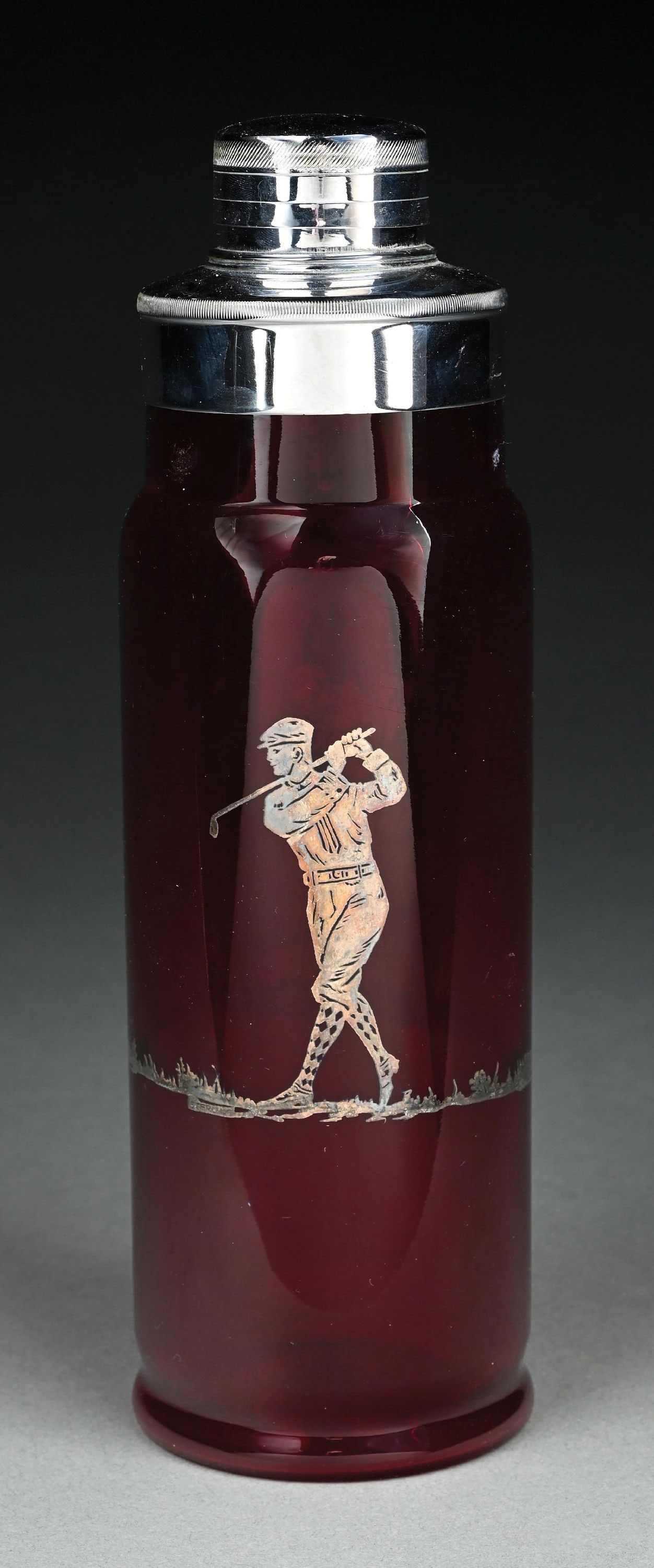 ART DECO RUBY RED GLASS COCKTAIL SHAKER WITH STERLING SILVER GOLFER OVERLAY (1 of 5)