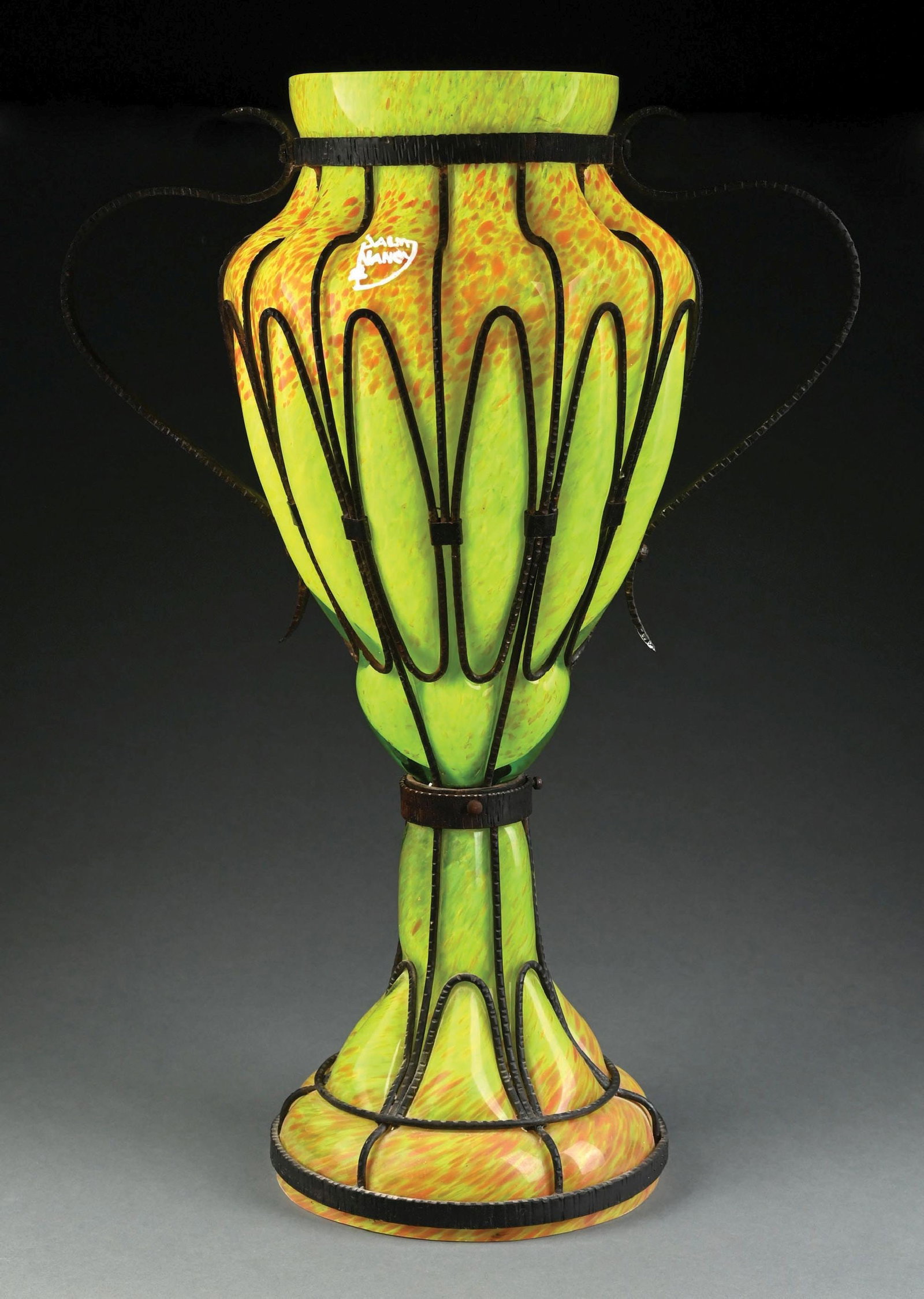 MONUMENTAL DAUM NANCY 2-PIECE FLOOR VASE WITH METAL MOUNT (1 of 6)