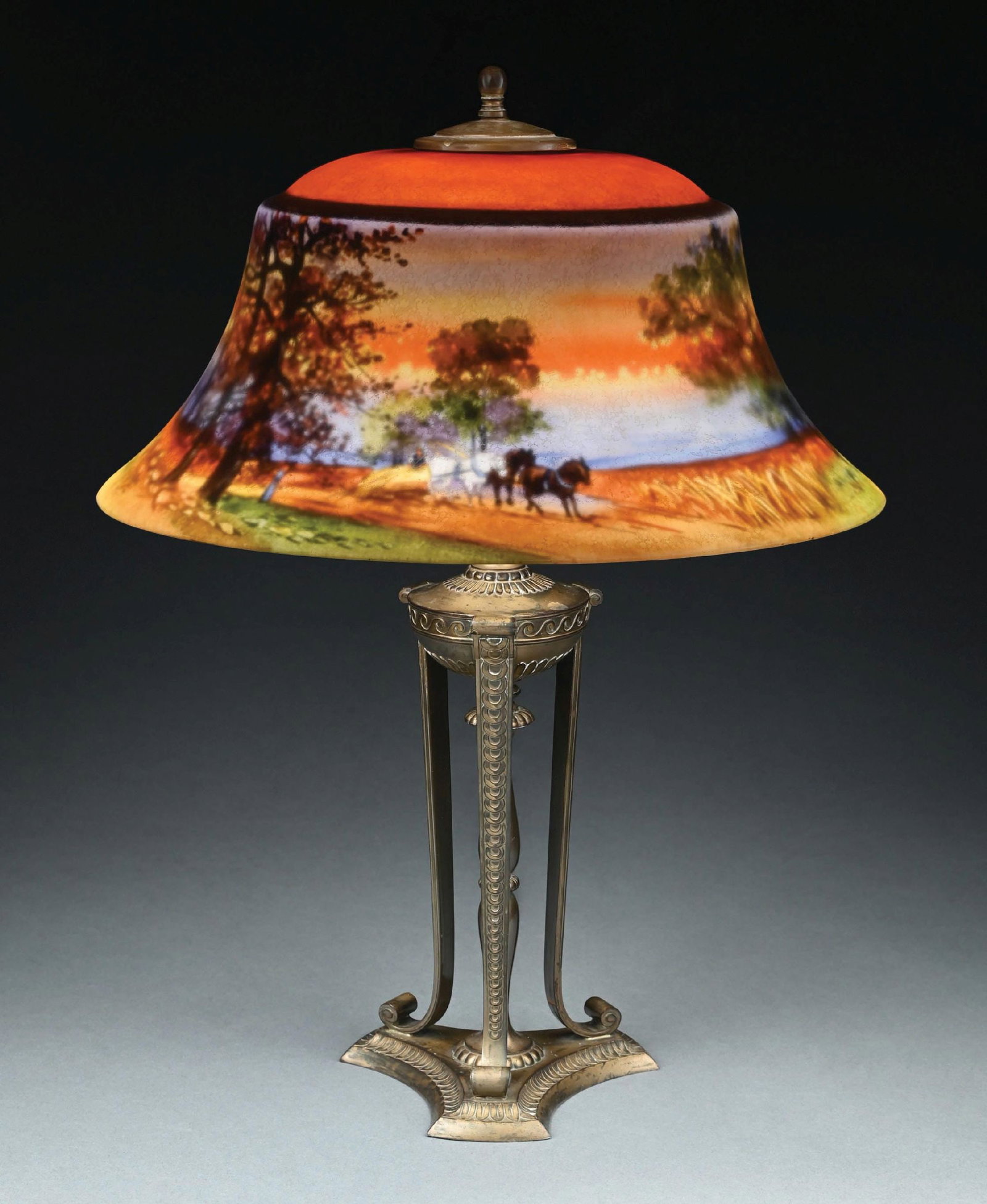 REVERSE PAINTED PAIRPOINT SCENIC LANDSCAPE LAMP SHADE WITH BASE (1 of 9)