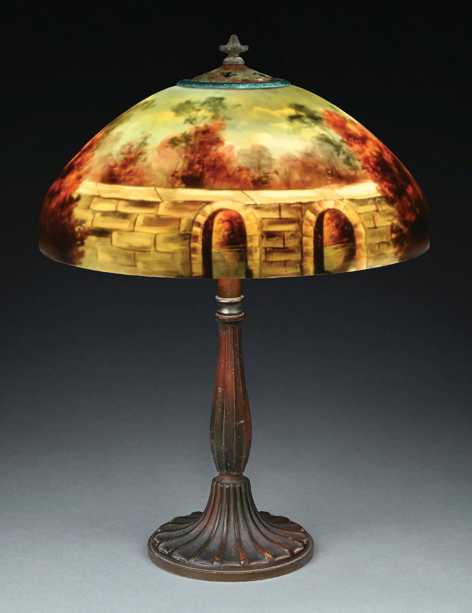 SIGNED JEFFERSON REVERSE PAINTED SCENIC LAMP SHADE WITH BASE (1 of 9)
