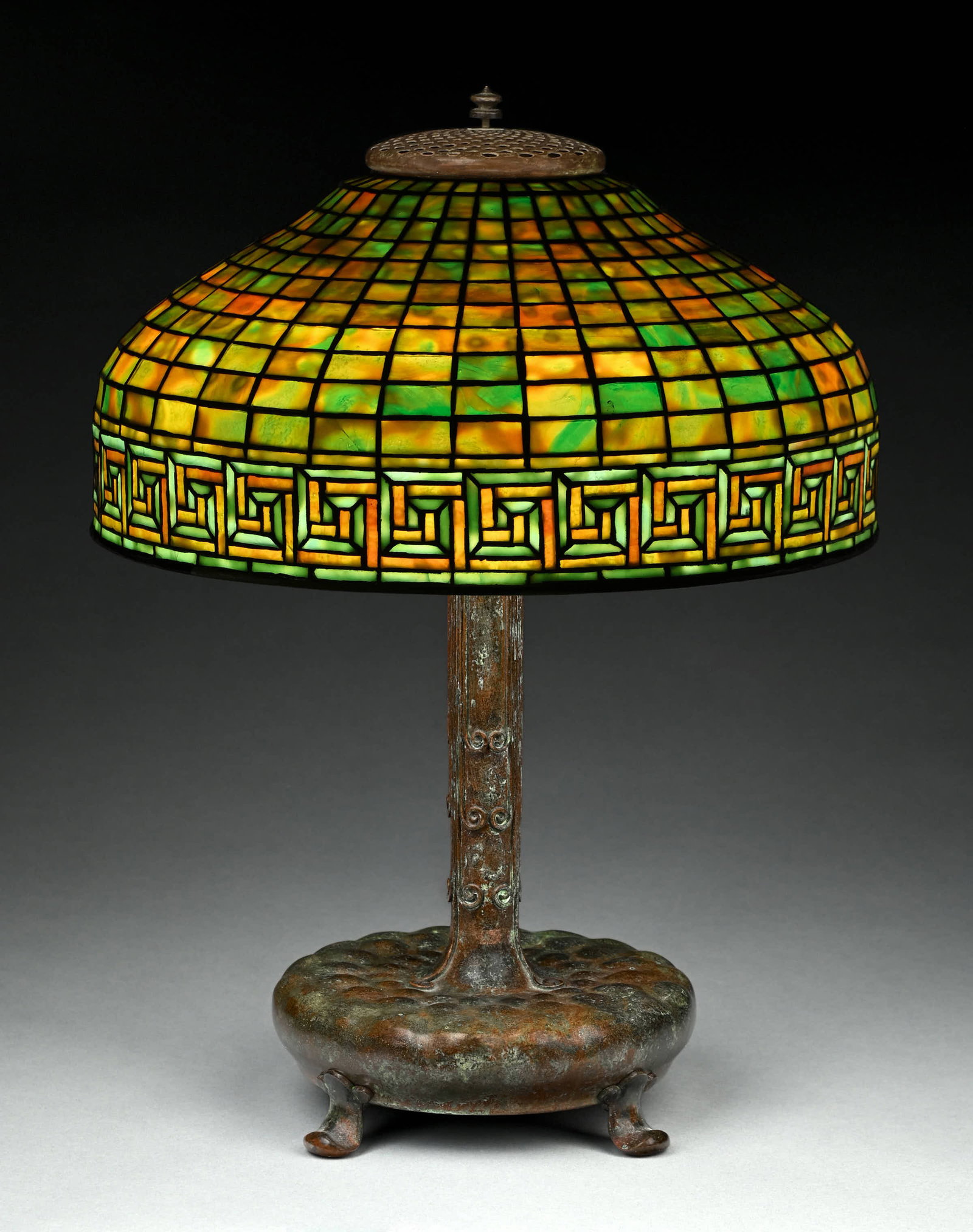 TIFFANY STUDIOS DICHROIC GREEK KEY LEADED GLASS TABLE LAMP - 2