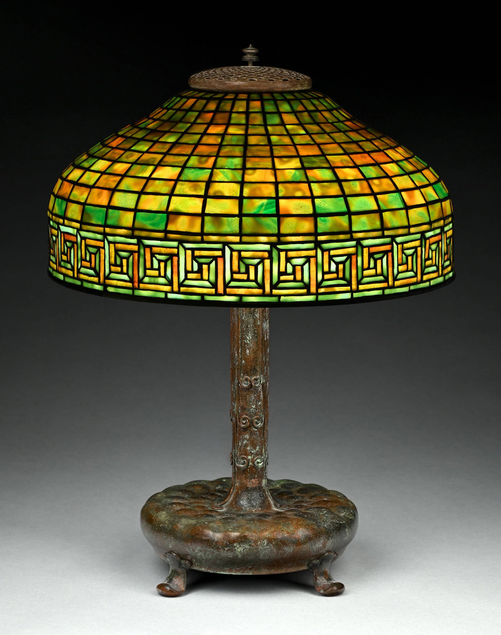 TIFFANY STUDIOS DICHROIC GREEK KEY LEADED GLASS TABLE LAMP - 4