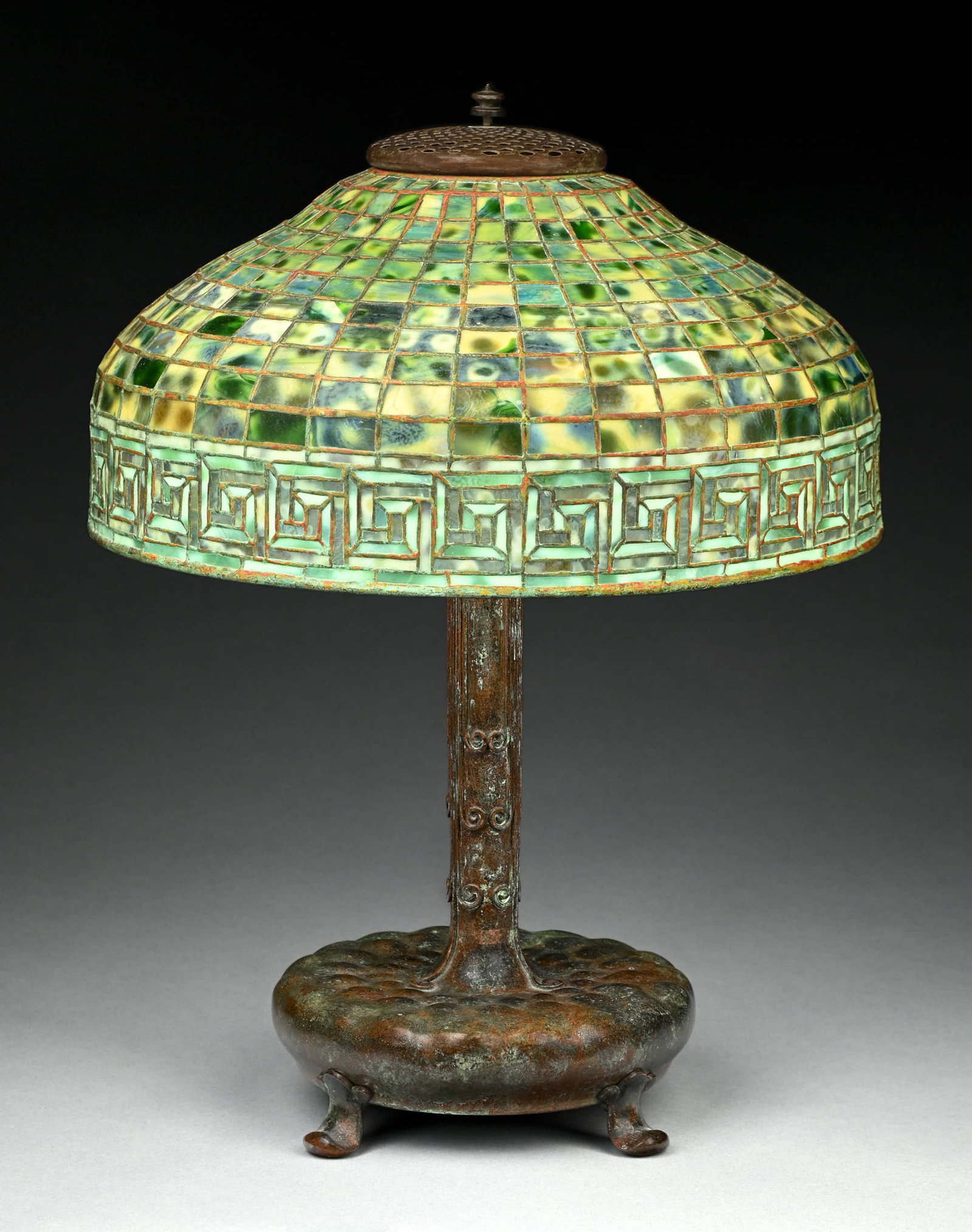 TIFFANY STUDIOS DICHROIC GREEK KEY LEADED GLASS TABLE LAMP - 5