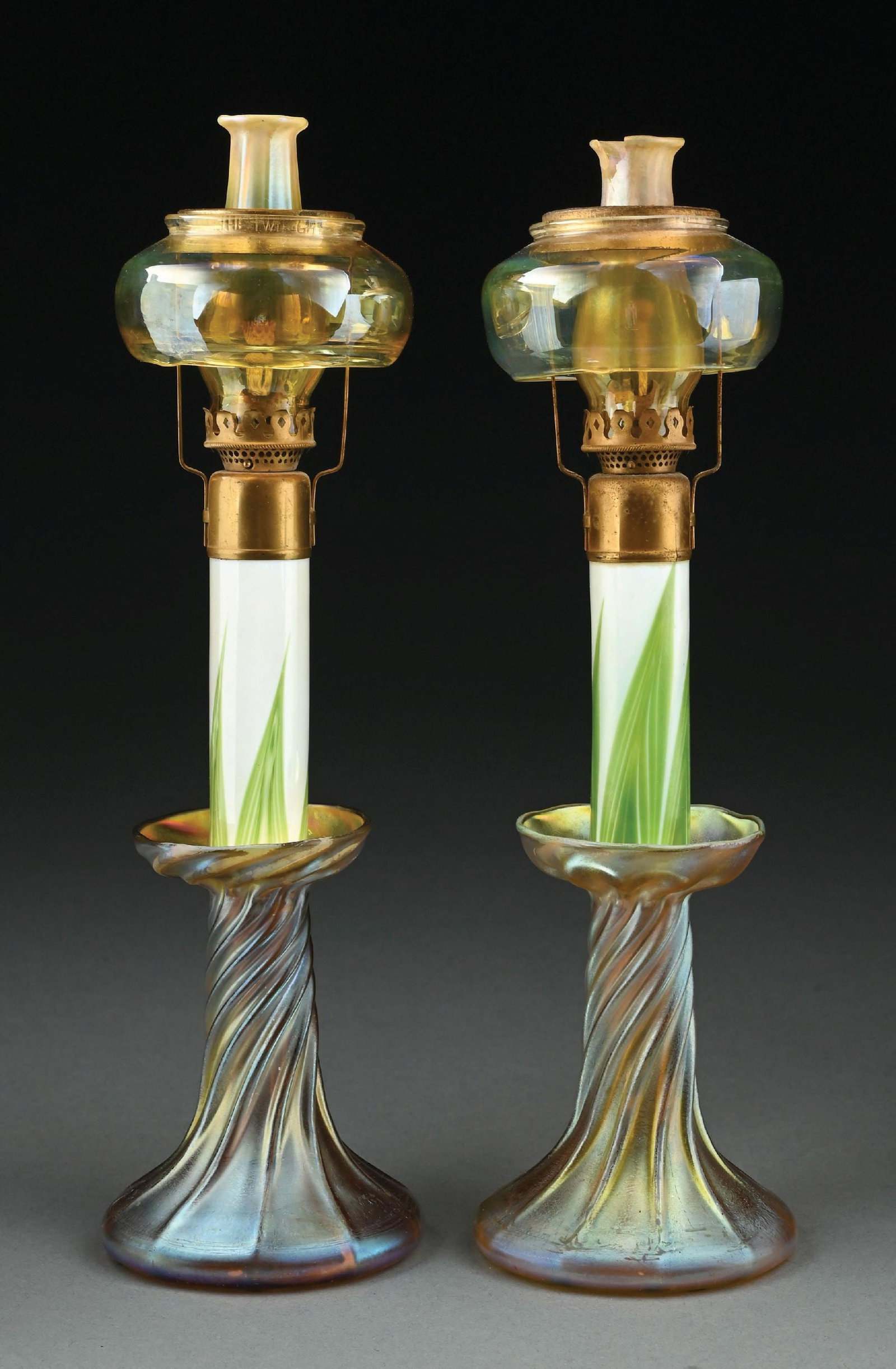 PAIR OF TIFFANY STUDIOS PULLED FEATHER CANDLESTICKS W/ RARE SHADES & CHIMNEYS (1 of 6)