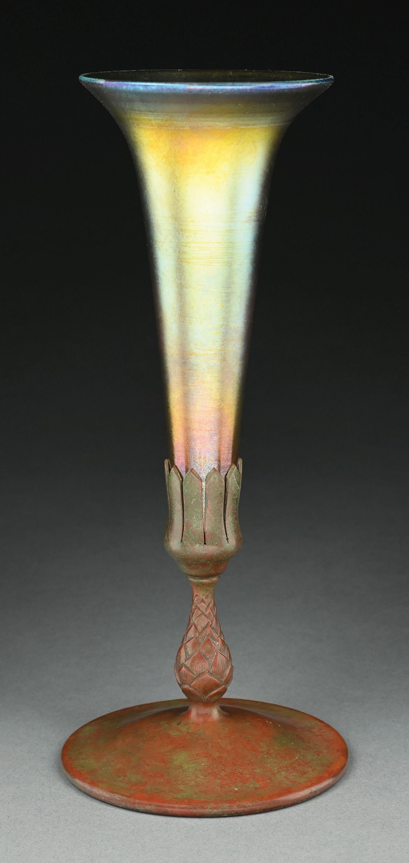 TIFFANY STUDIOS FAVRILE GLASS VASE WITH BRONZE VASE - 2