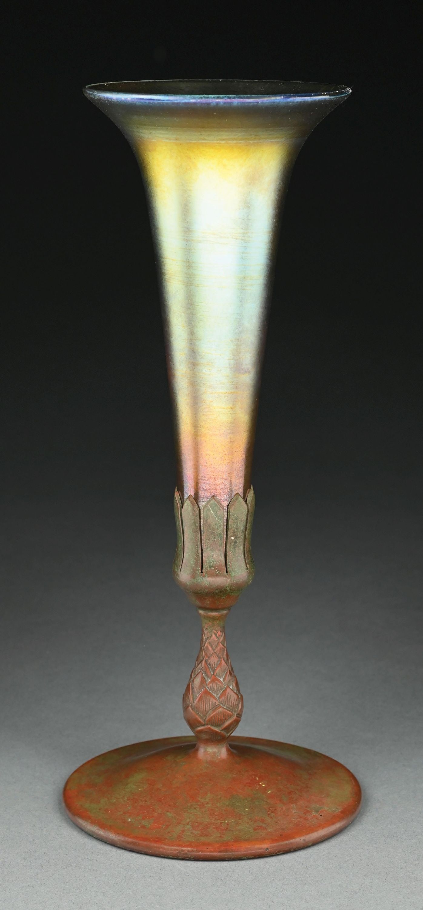 TIFFANY STUDIOS FAVRILE GLASS VASE WITH BRONZE VASE - 3