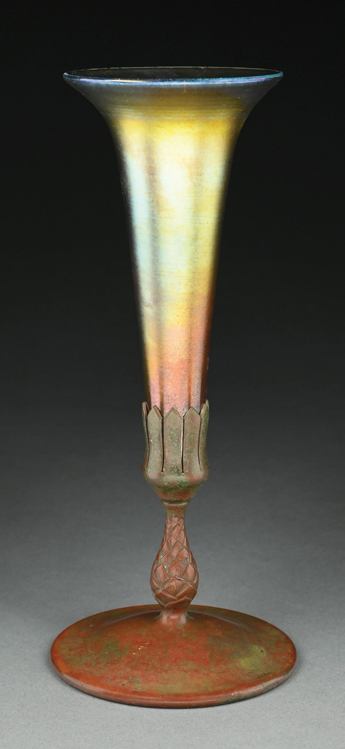 TIFFANY STUDIOS FAVRILE GLASS VASE WITH BRONZE VASE - 4