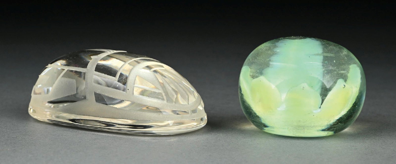 COLLECTION OF 2: TIFFANY STUDIOS CARVED FROSTED GLASS SCARAB & CLEAR FAVRILE GLASS FLORAL (1 of 6)