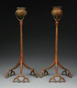 PAIR OF TIFFANY STUDIOS ROOT FORM BRONZE CANDLESTICKS