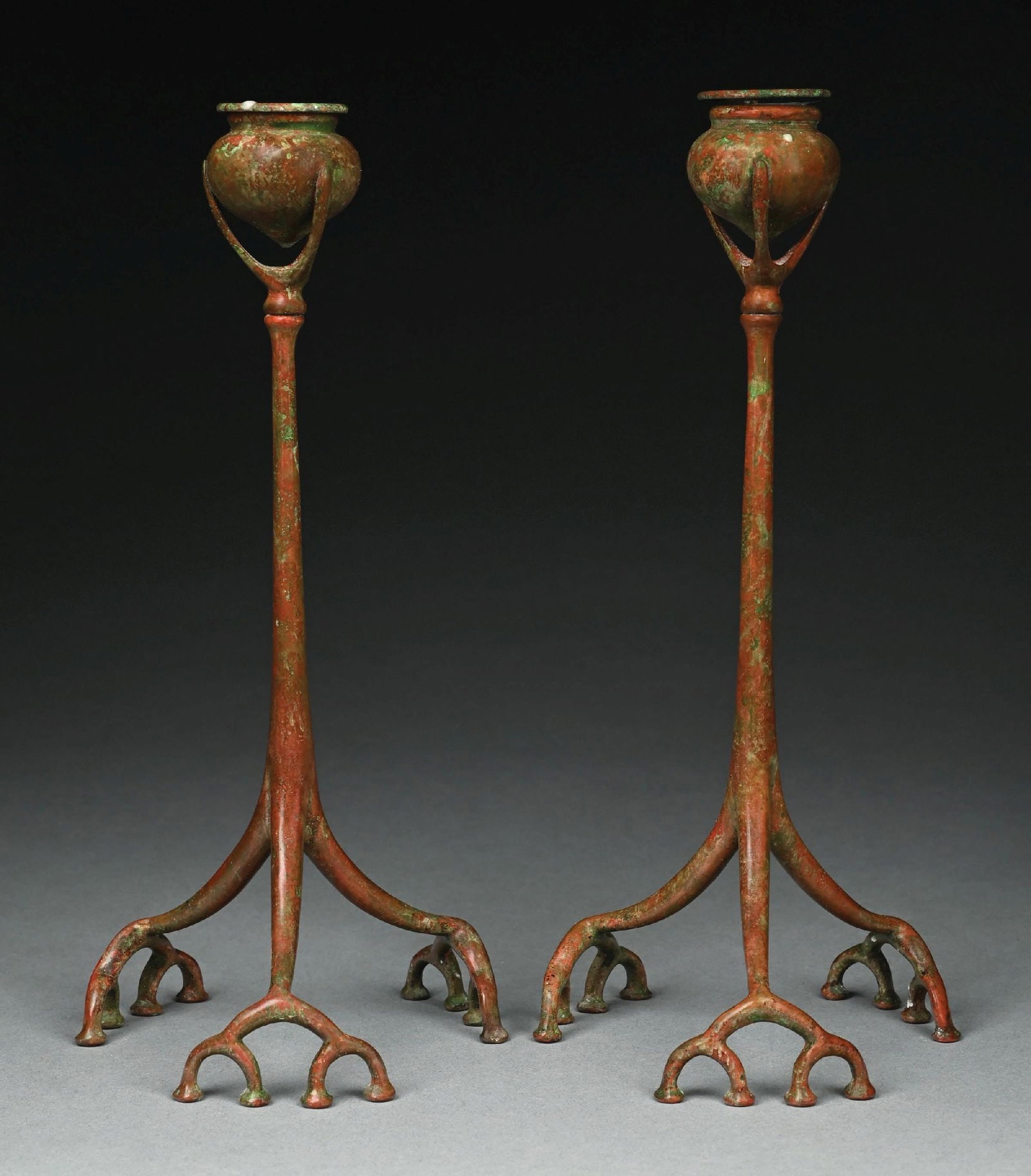 PAIR OF TIFFANY STUDIOS ROOT FORM BRONZE CANDLESTICKS (1 of 6)