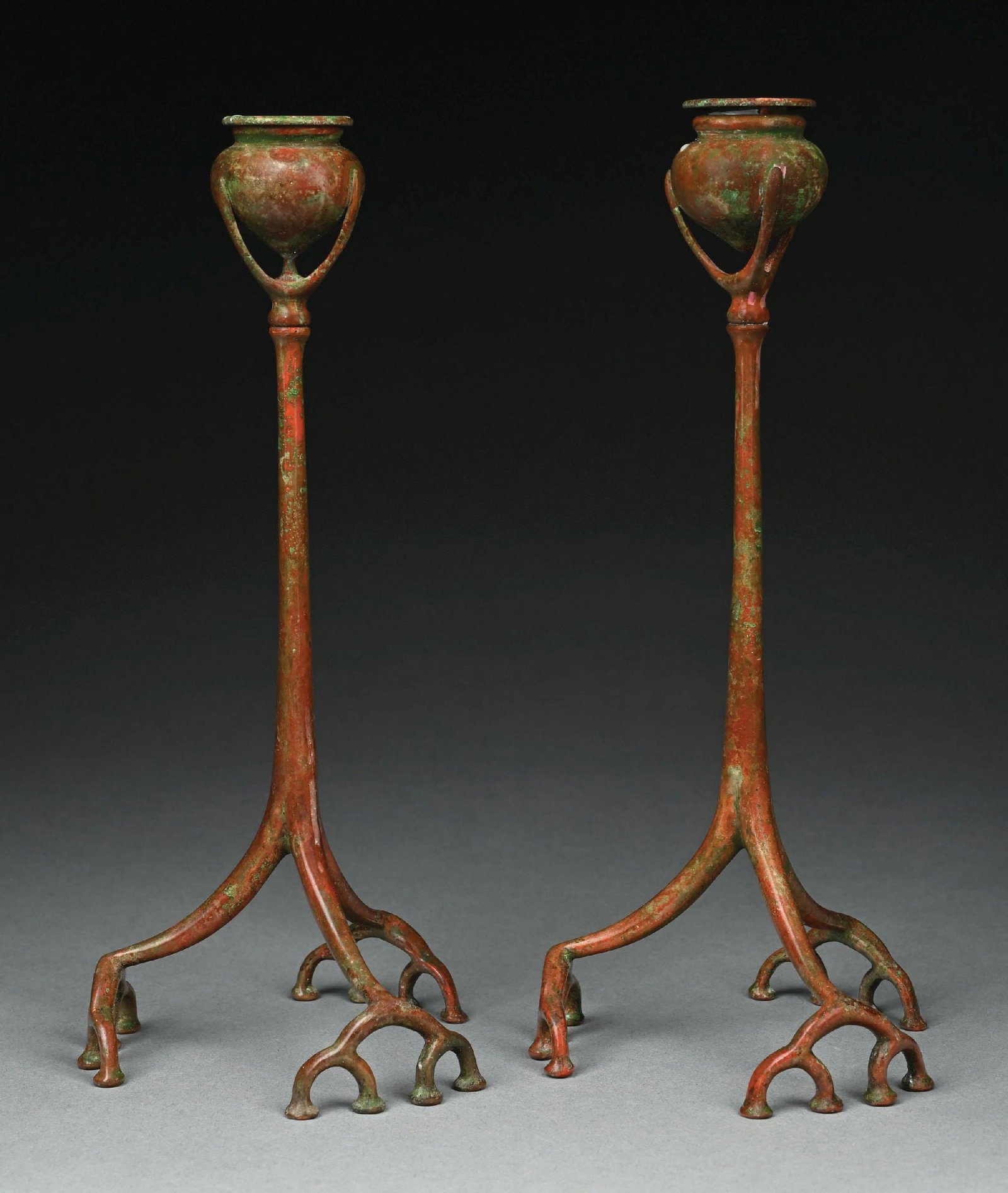 PAIR OF TIFFANY STUDIOS ROOT FORM BRONZE CANDLESTICKS - 2