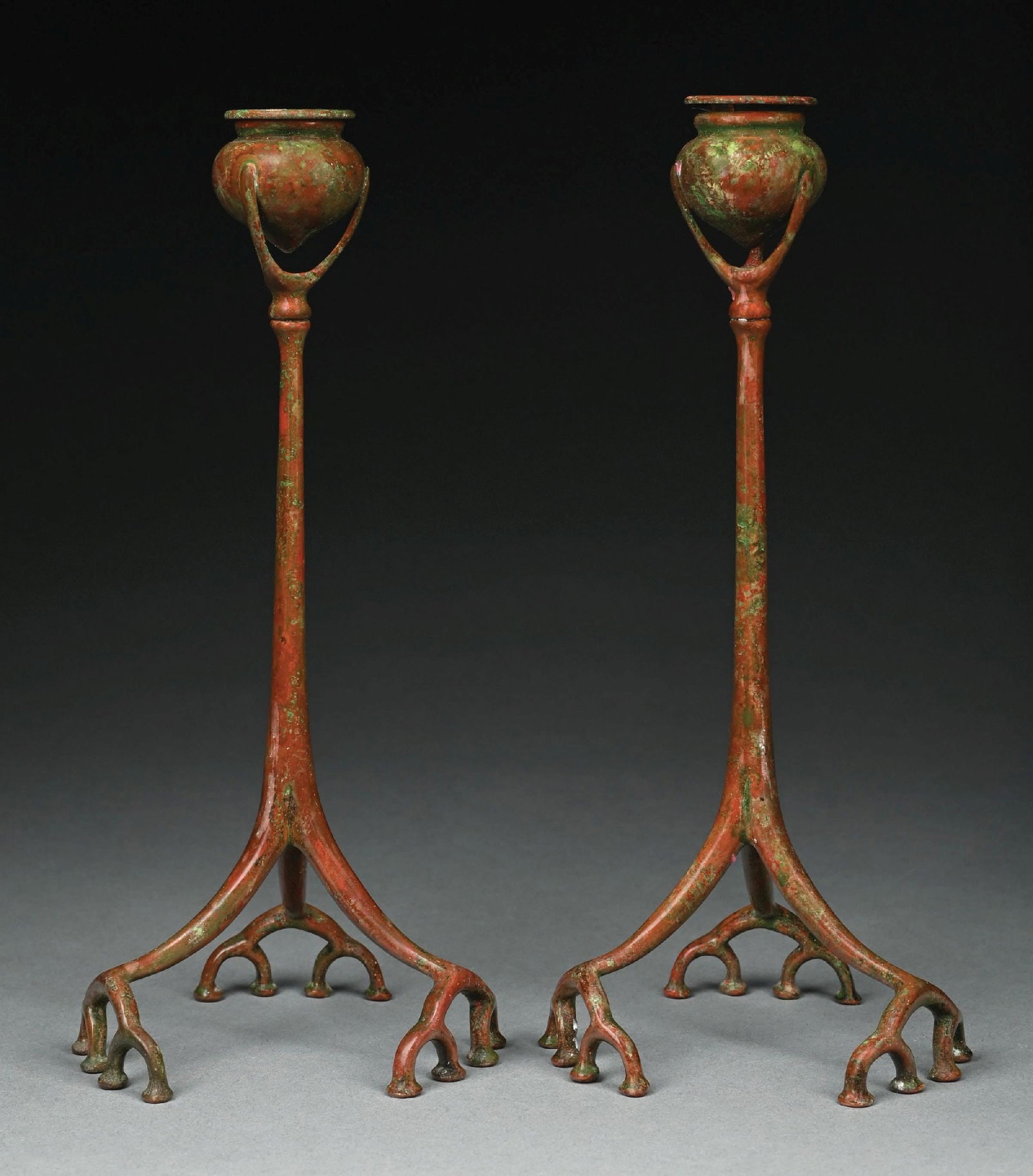 PAIR OF TIFFANY STUDIOS ROOT FORM BRONZE CANDLESTICKS - 3