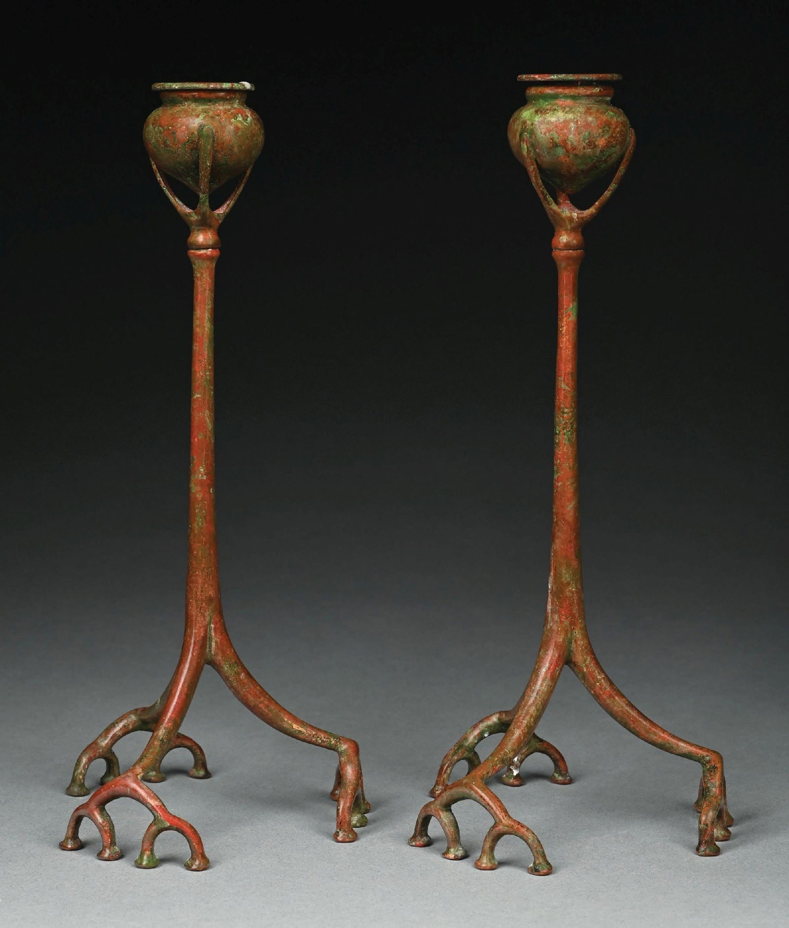 PAIR OF TIFFANY STUDIOS ROOT FORM BRONZE CANDLESTICKS - 4