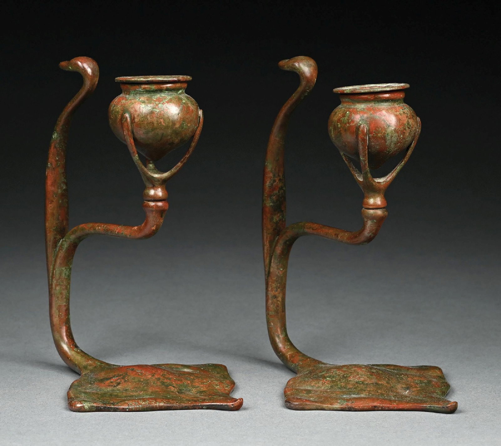 MATCHING PAIR OF TIFFANY STUDIOS COBRA FORM CANDLESTICKS (1 of 7)