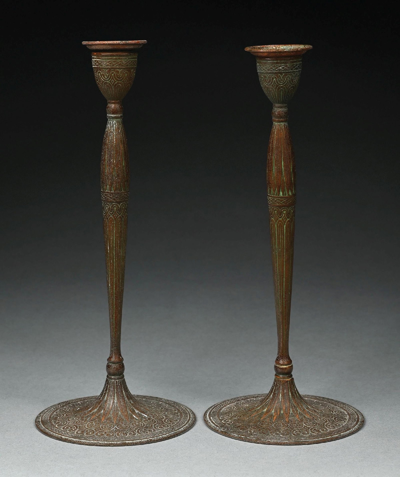 PAIR OF TIFFANY STUDIOS BRONZE CANDLESTICKS (1 of 6)