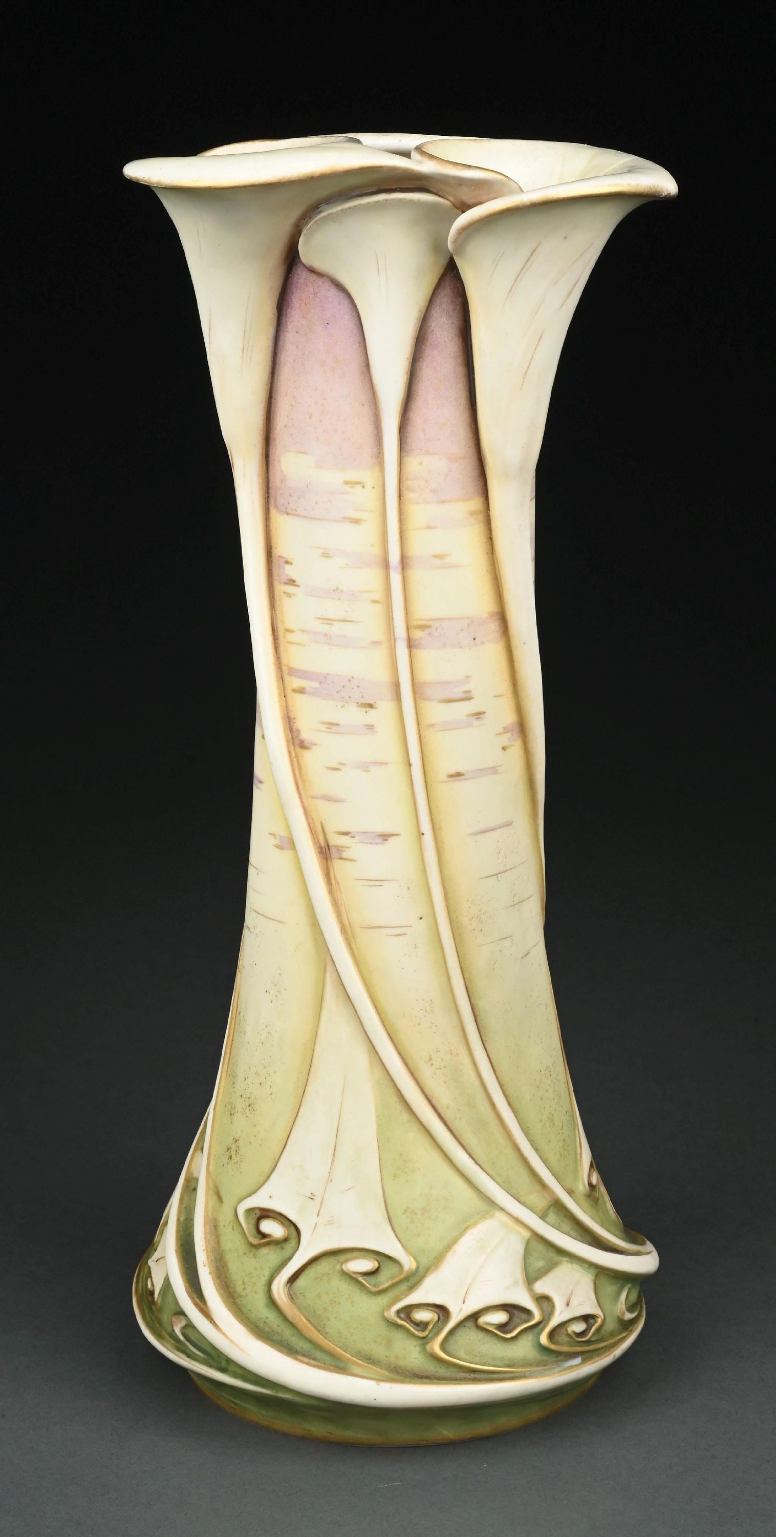 PAUL DACHSEL RARE “CALA LILY VASE”: C. 1904. Hard Earthenware with Matte Glazes and Applied Gold Gilt. Raised PD Medallion Mark, Made in Austria, 115/2. An example of the model is illustrated in, Monsters and Maidens: Collectors