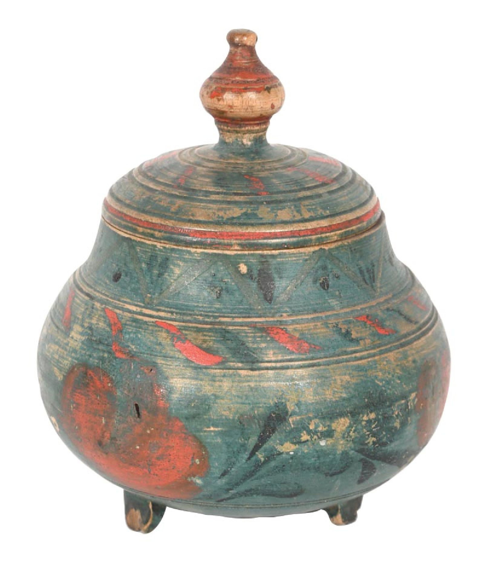 19TH CENTURY HAND TURNED AND PAINTED WOOD-COVERED BOX ON THREE LEGS: Original paint with floral design. Paint losses due to natural wear over time, legs damaged. Condition: Dimensions: 4" Dia. x 5".