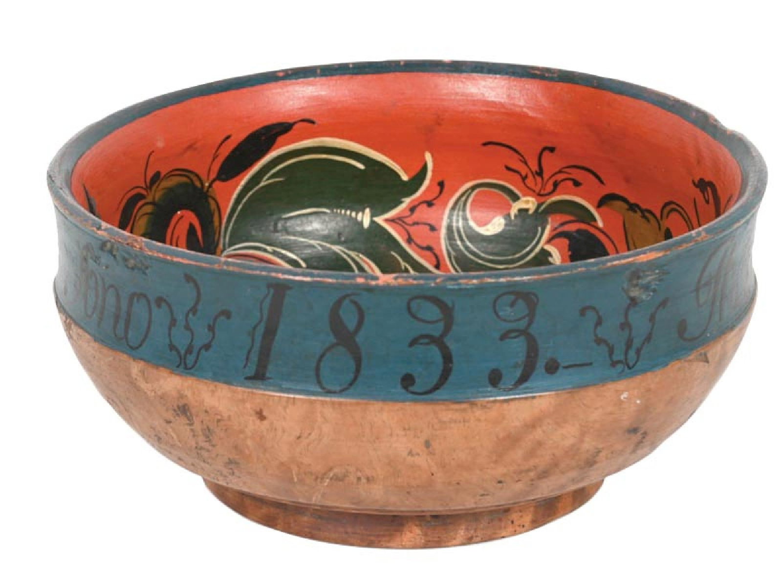 HAND-TURNED WALNUT BURL BOWL WITH HAND-PAINTED ROSEMALING: Beautiful example of painting in the Norwegian Folk Art Style. Painted around the bowl "THON NILS SEN ANOS 1833". Condition: (Very Good). Dimensions: 8 - 3/4" Dia. x 4".
